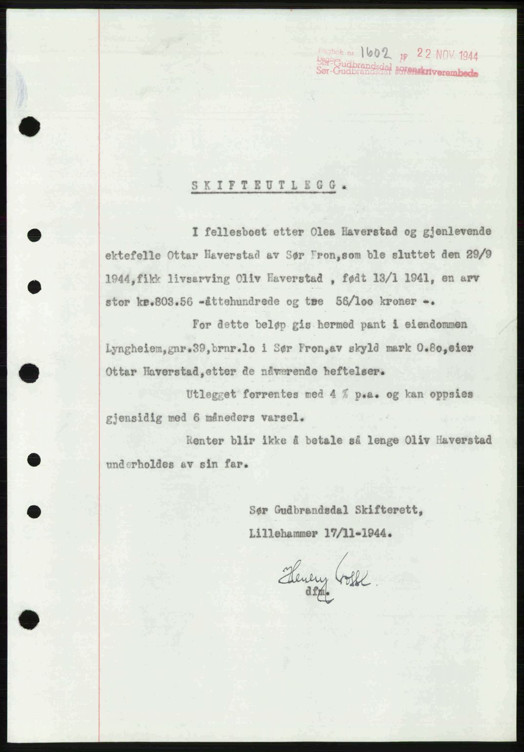 Sør-Gudbrandsdal tingrett, SAH/TING-004/H/Hb/Hbe/L0003: Pantebok nr. B3, 1943-1948, Dagboknr: 1602/1944