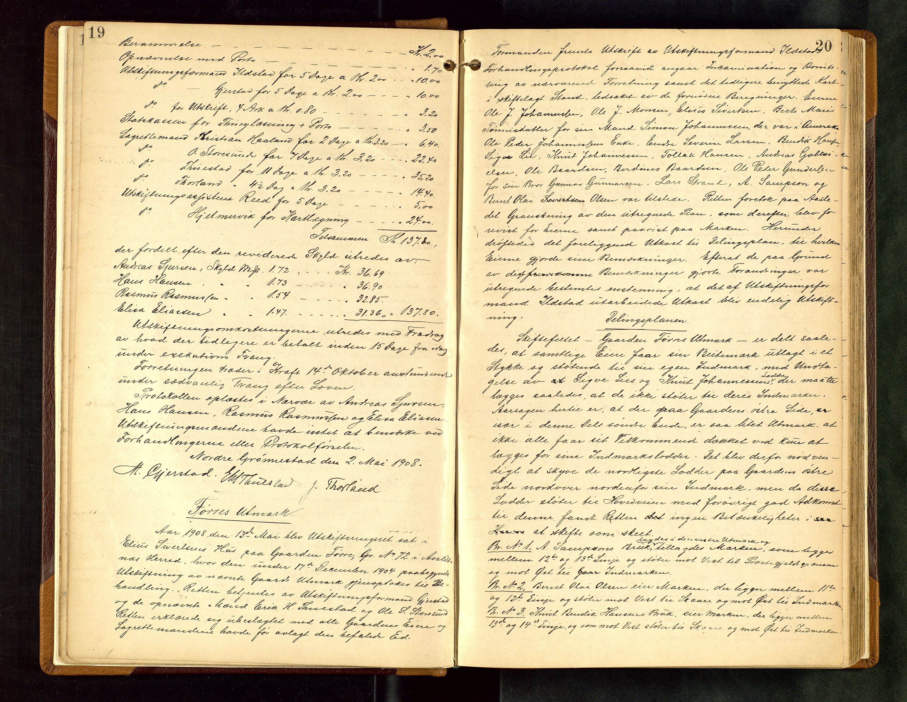 Rogaland jordskifterett, AV/SAST-A-102426/Oa/L0094: Forhandlingsprotokoll, 1908-1913, s. 19-20