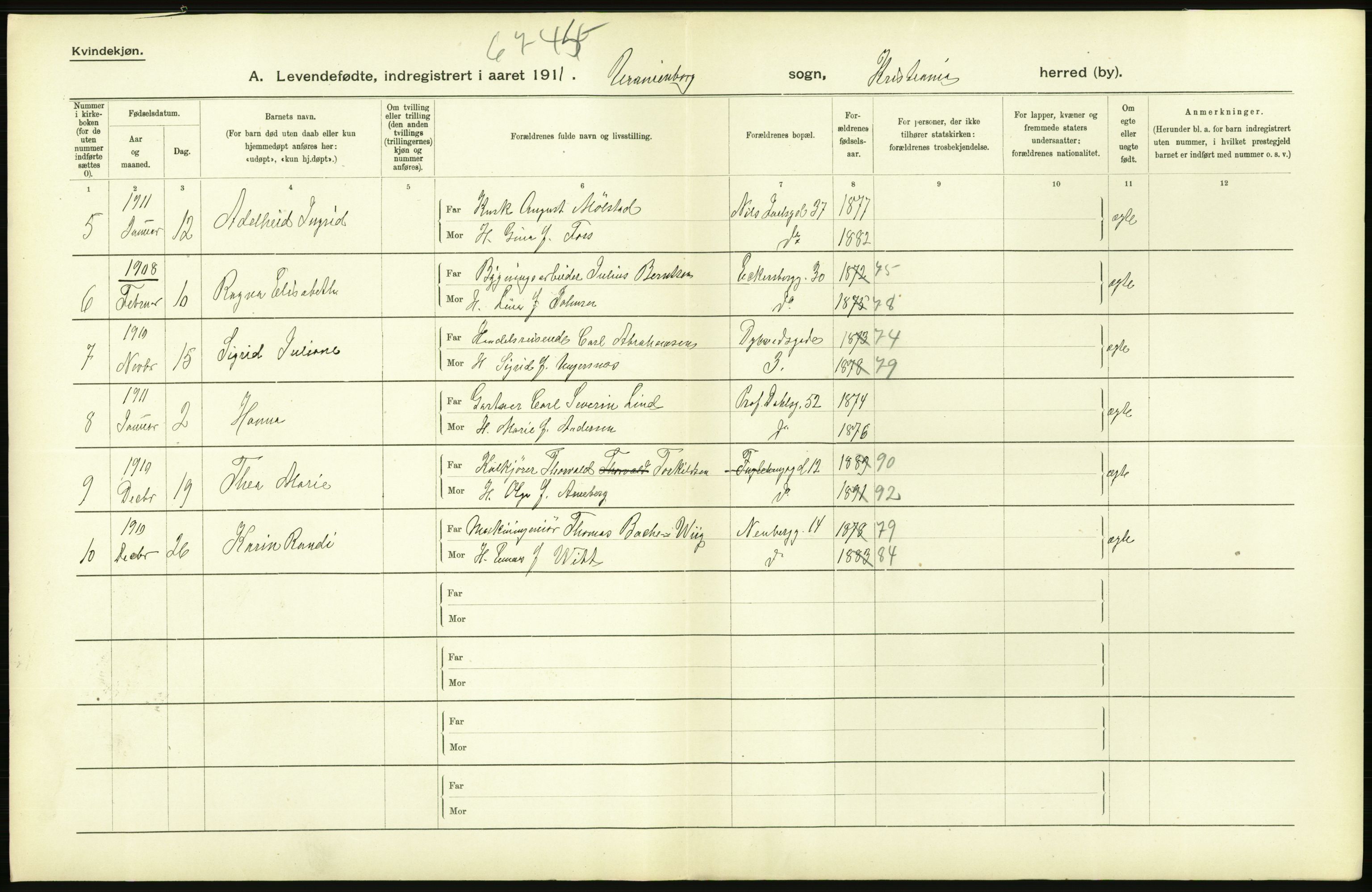 Statistisk sentralbyrå, Sosiodemografiske emner, Befolkning, AV/RA-S-2228/D/Df/Dfb/Dfba/L0007: Kristiania: Levendefødte kvinner., 1911, s. 412