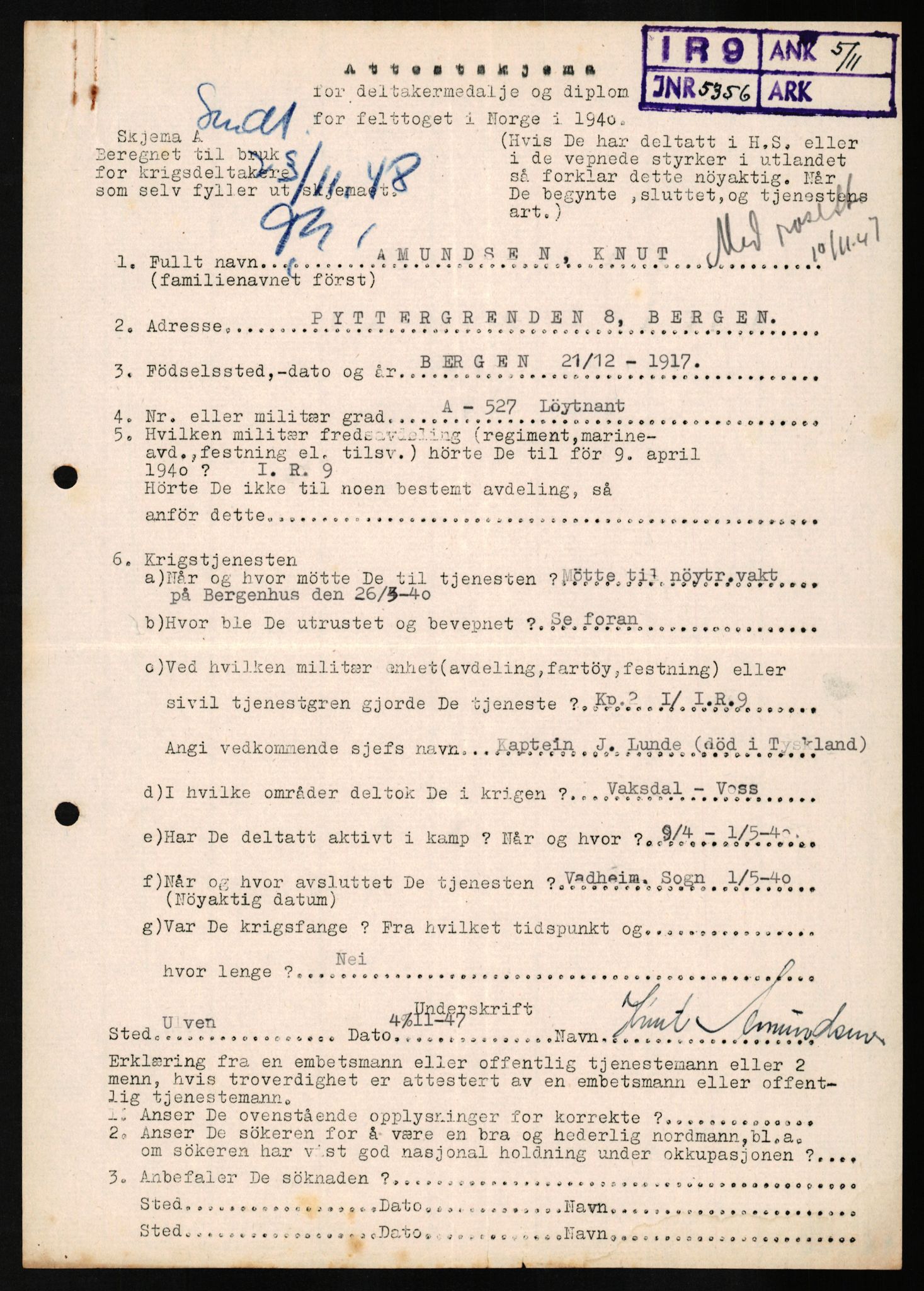 Forsvaret, Hordaland infanteriregiment nr. 9, RA/RAFA-4474/D/Da/L0118: Deltakermedalje for "Felttoget i Norge 1940" Alfabetisk: A - N, 1946-1948, s. 69