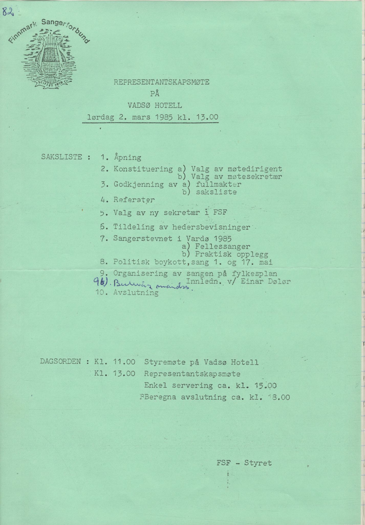 Finnmark Sangerforbund, FMFB/A-1050/A/L0012: Møteprotokoll, 1982-1993