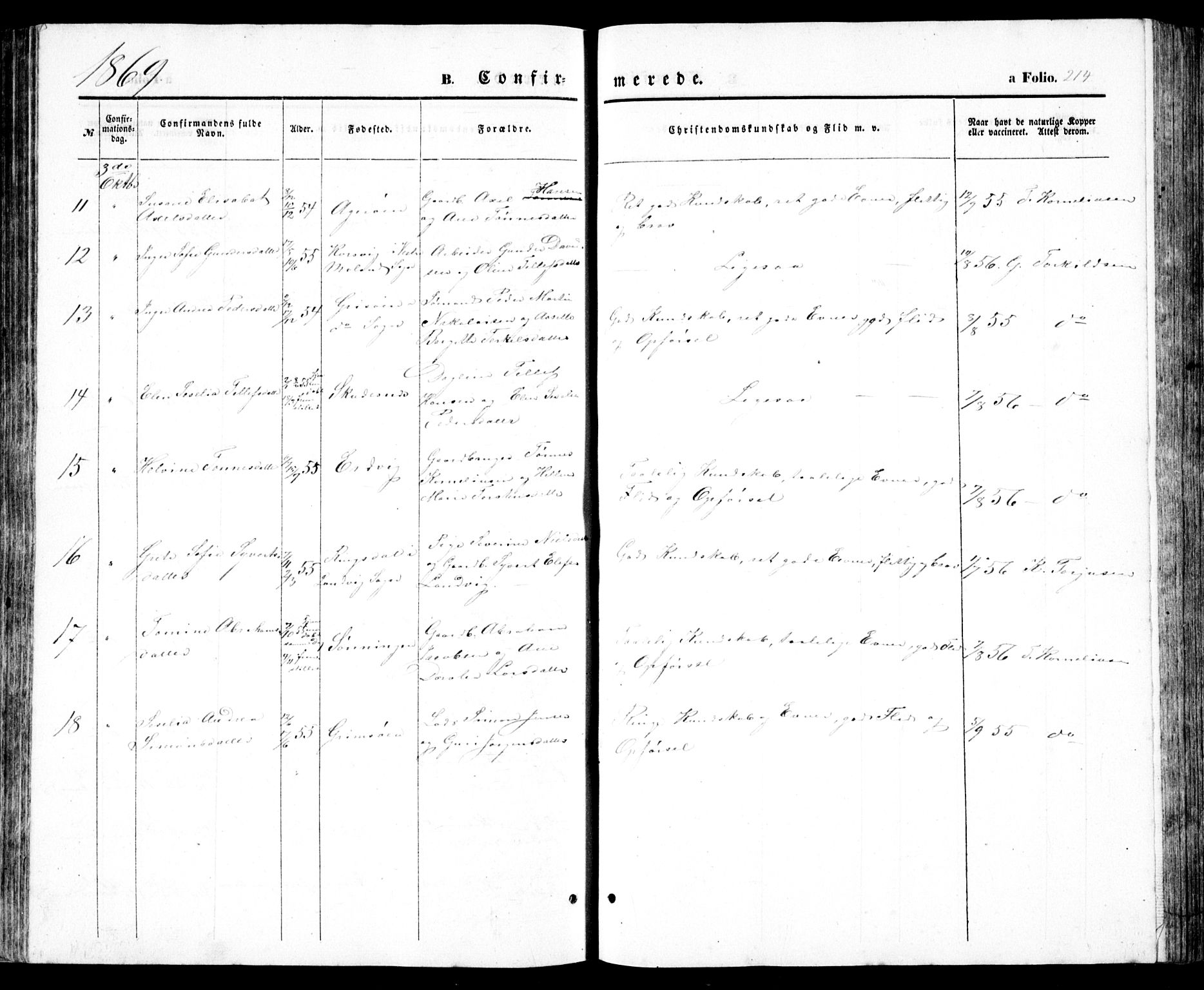 Høvåg sokneprestkontor, SAK/1111-0025/F/Fb/L0002: Klokkerbok nr. B 2, 1847-1869, s. 214