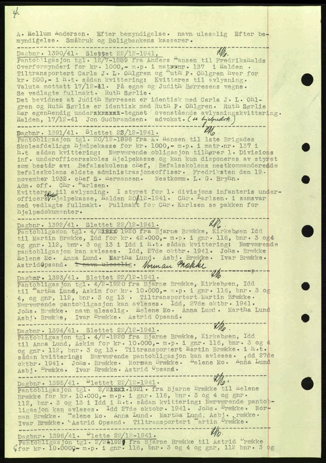 Idd og Marker sorenskriveri, AV/SAO-A-10283/G/Gb/Gbc/L0002: Pantebok nr. B4-9a, 1939-1945, Dagboknr: 1390/1941