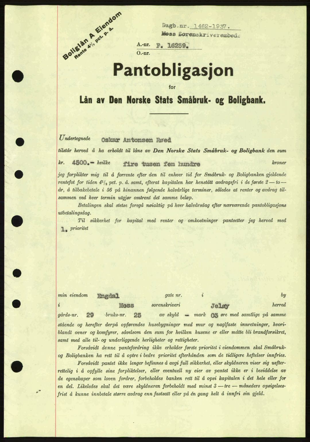 Moss sorenskriveri, SAO/A-10168: Pantebok nr. B4, 1937-1938, Dagboknr: 1462/1937