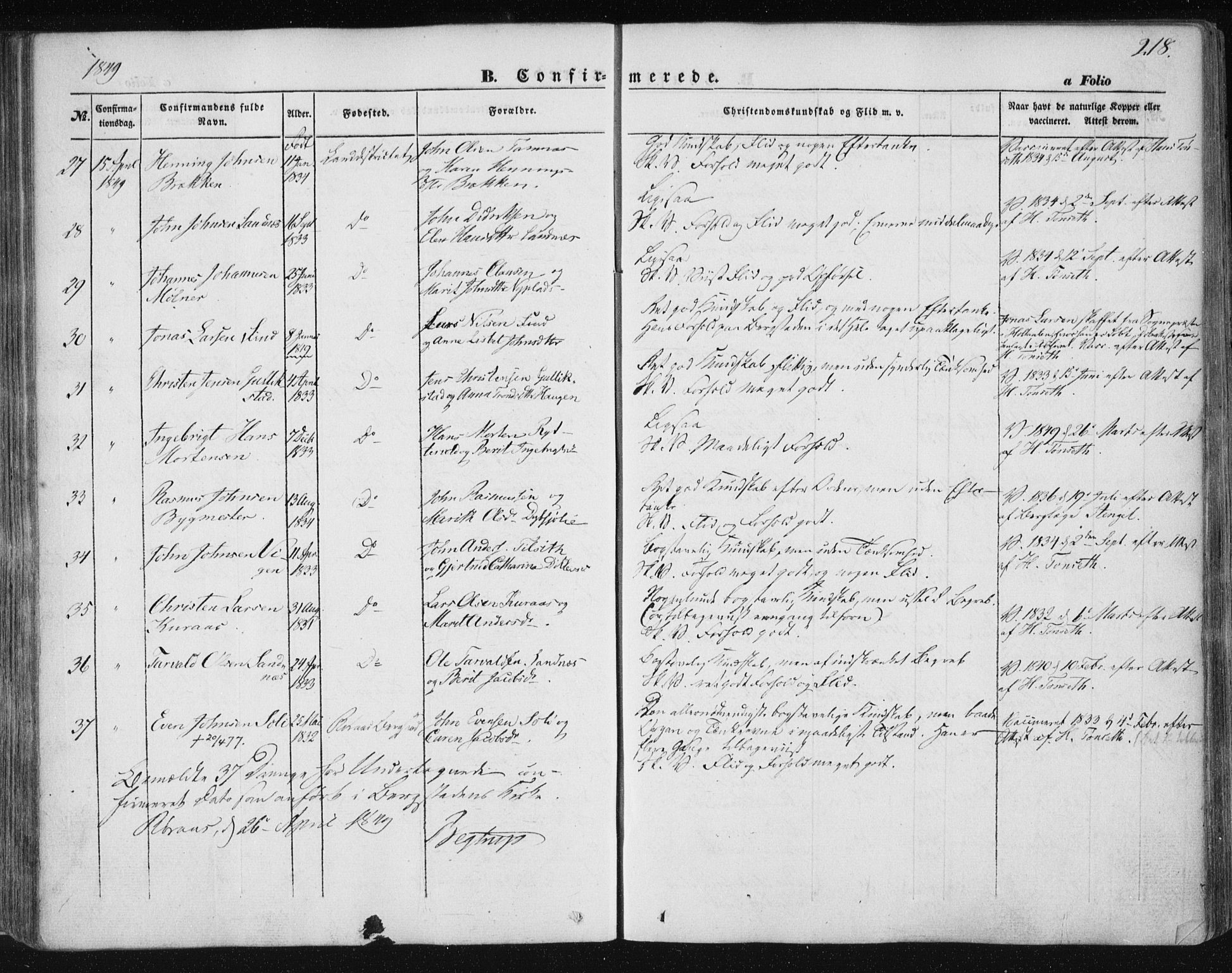 Ministerialprotokoller, klokkerbøker og fødselsregistre - Sør-Trøndelag, SAT/A-1456/681/L0931: Ministerialbok nr. 681A09, 1845-1859, s. 218