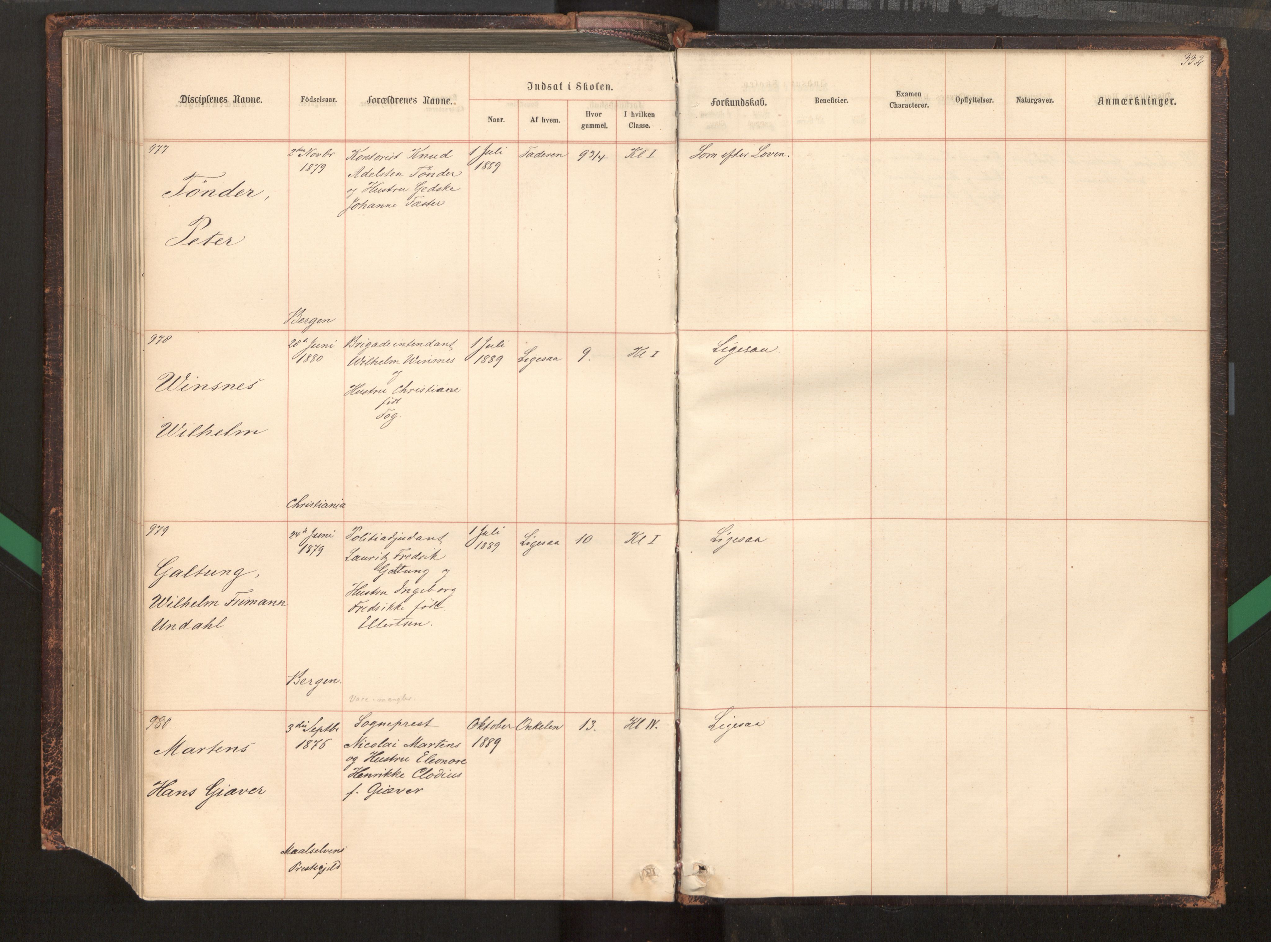 Bergen katedralskole - VI Skolens elever og privatister, AV/SAB-SAB-5400-6/A/Aa/L0002: Manntall, skolens elever, 1860-1890, s. 332