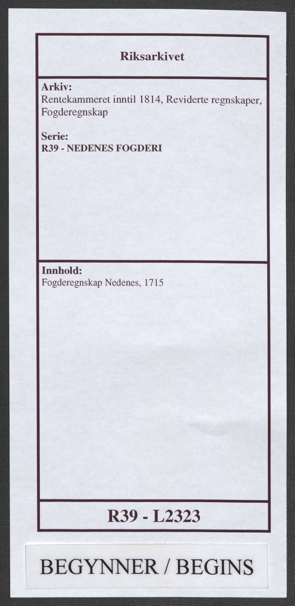 Rentekammeret inntil 1814, Reviderte regnskaper, Fogderegnskap, AV/RA-EA-4092/R39/L2323: Fogderegnskap Nedenes, 1715, s. 1