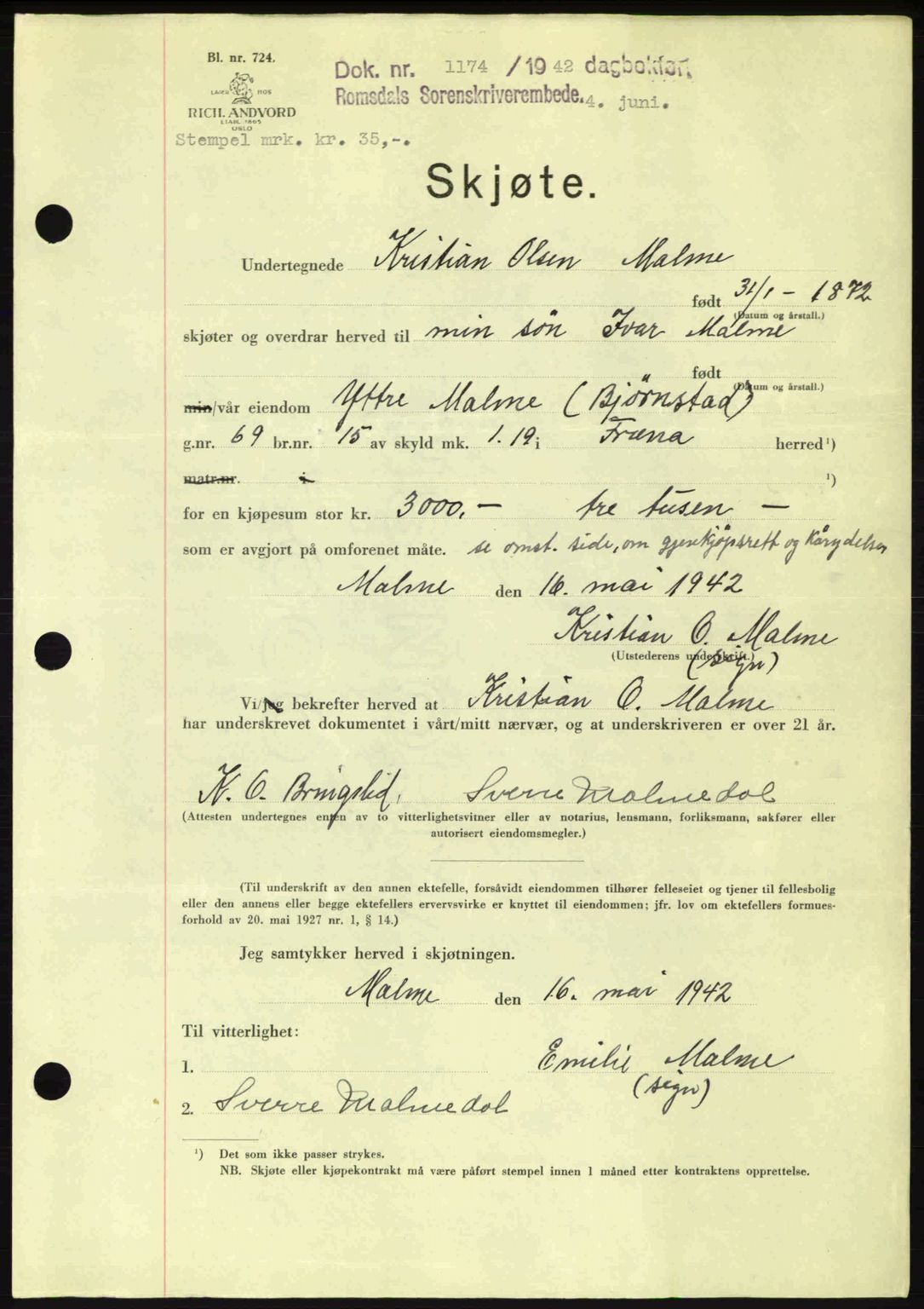 Romsdal sorenskriveri, SAT/A-4149/1/2/2C: Pantebok nr. A12, 1942-1942, Dagboknr: 1174/1942