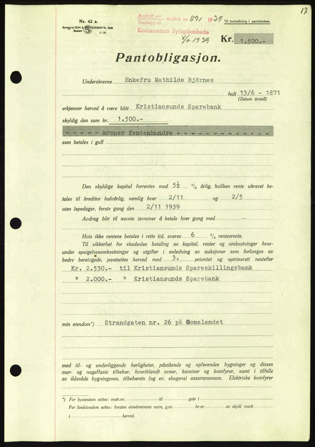 Kristiansund byfogd, AV/SAT-A-4587/A/27: Pantebok nr. 33, 1939-1941, Dagboknr: 891/1939