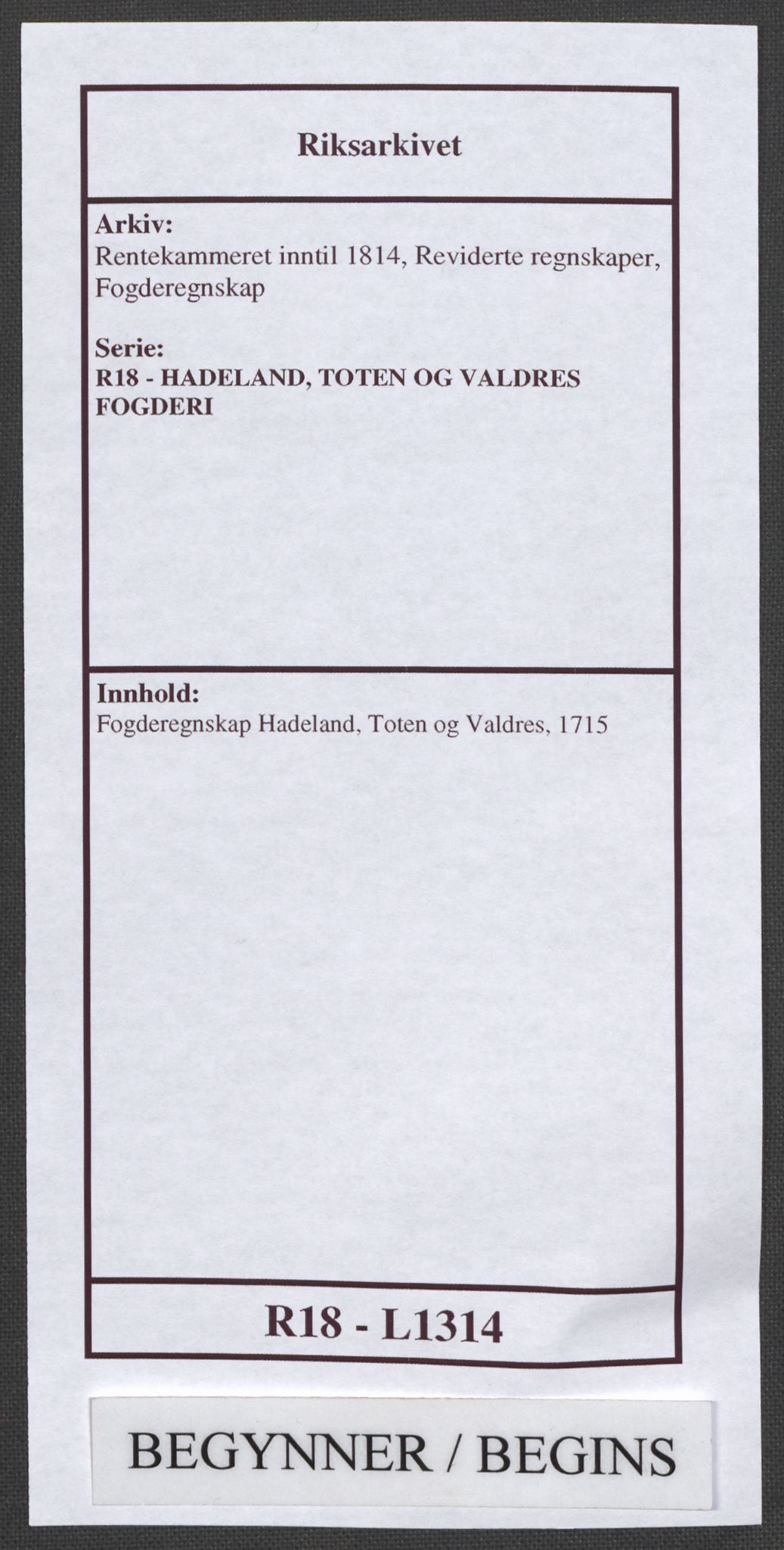 Rentekammeret inntil 1814, Reviderte regnskaper, Fogderegnskap, AV/RA-EA-4092/R18/L1314: Fogderegnskap Hadeland, Toten og Valdres, 1715, s. 1