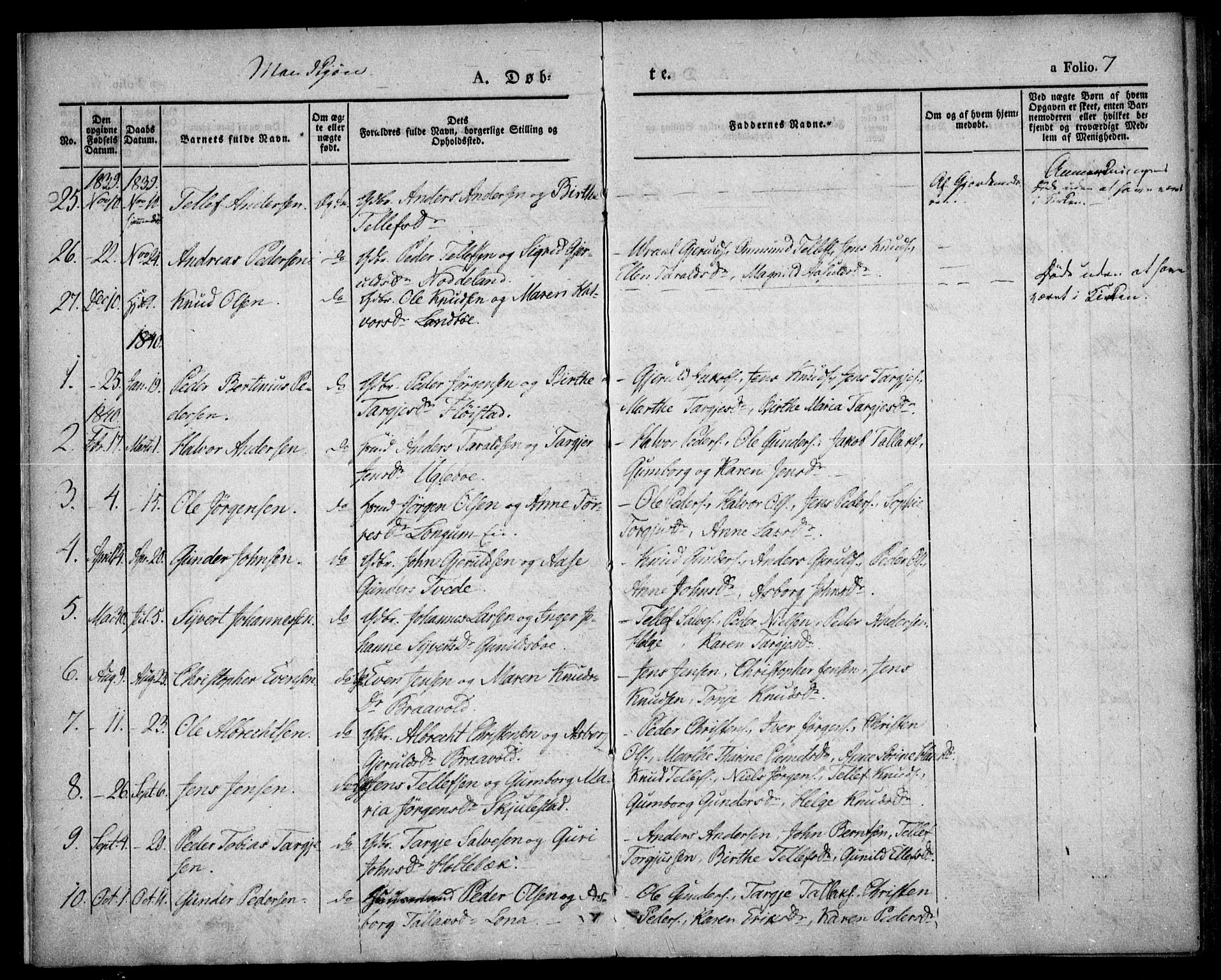 Austre Moland sokneprestkontor, AV/SAK-1111-0001/F/Fa/Faa/L0006: Ministerialbok nr. A 6, 1837-1846, s. 7