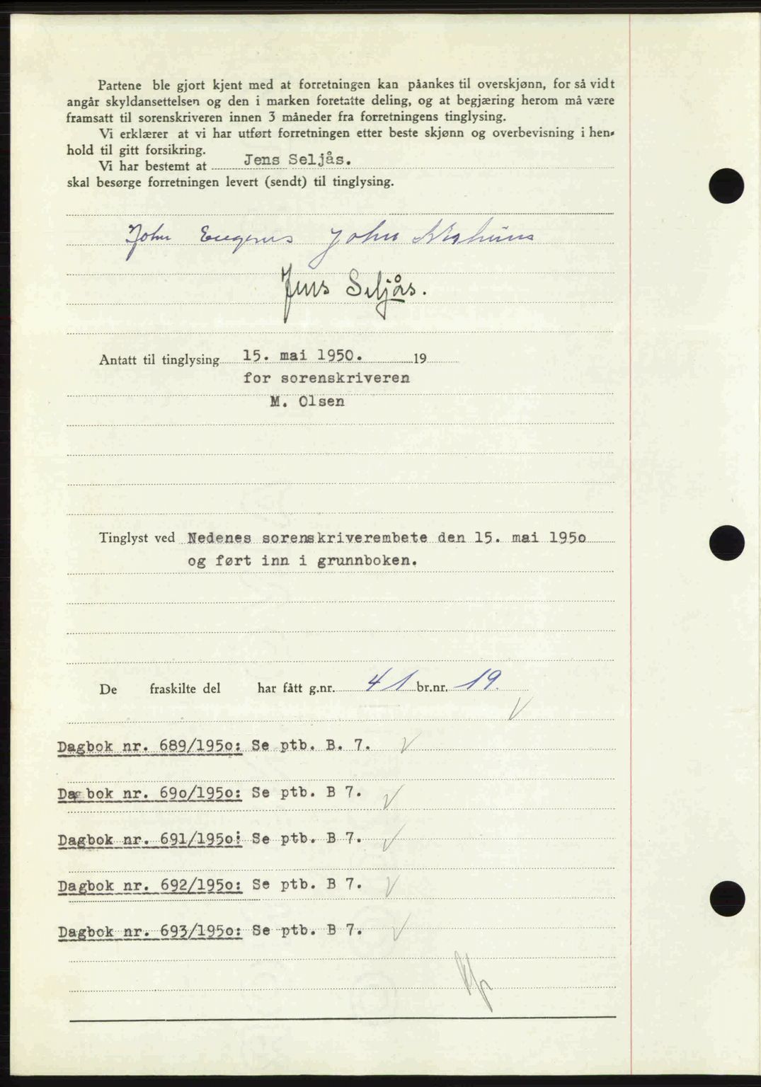 Nedenes sorenskriveri, AV/SAK-1221-0006/G/Gb/Gba/L0062: Pantebok nr. A14, 1949-1950, Dagboknr: 688/1950