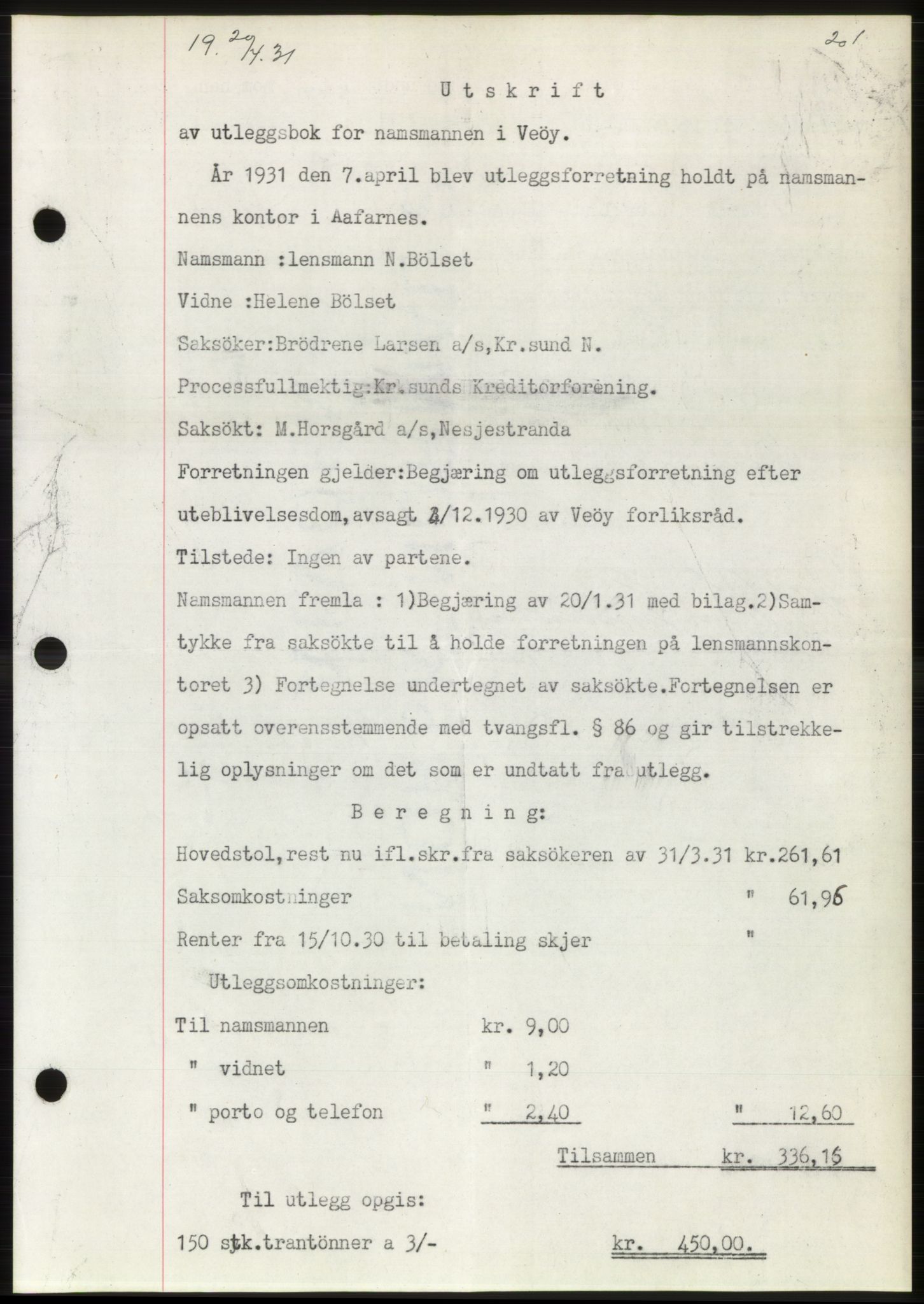 Romsdal sorenskriveri, AV/SAT-A-4149/1/2/2C/L0059: Pantebok nr. 53, 1931-1931, Tingl.dato: 20.04.1931