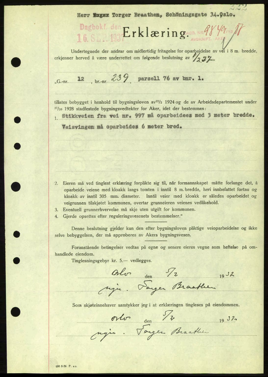 Aker herredsskriveri, SAO/A-10896/G/Gb/Gba/Gbab/L0017: Pantebok nr. A148, 1937-1937, Dagboknr: 9849/1937