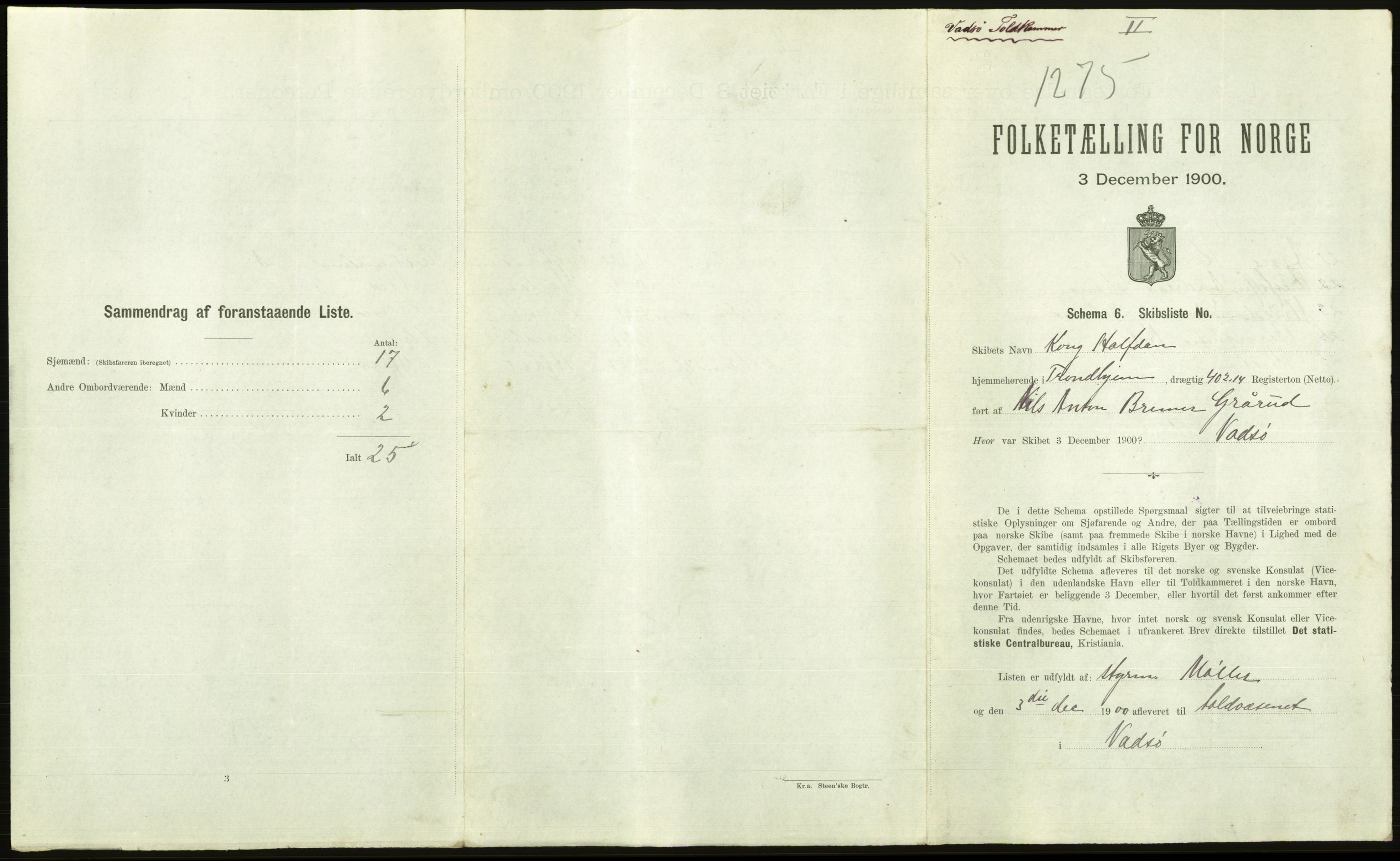 RA, Folketelling 1900 - skipslister med personlister for skip i norske havner, utenlandske havner og til havs, 1900, s. 2811