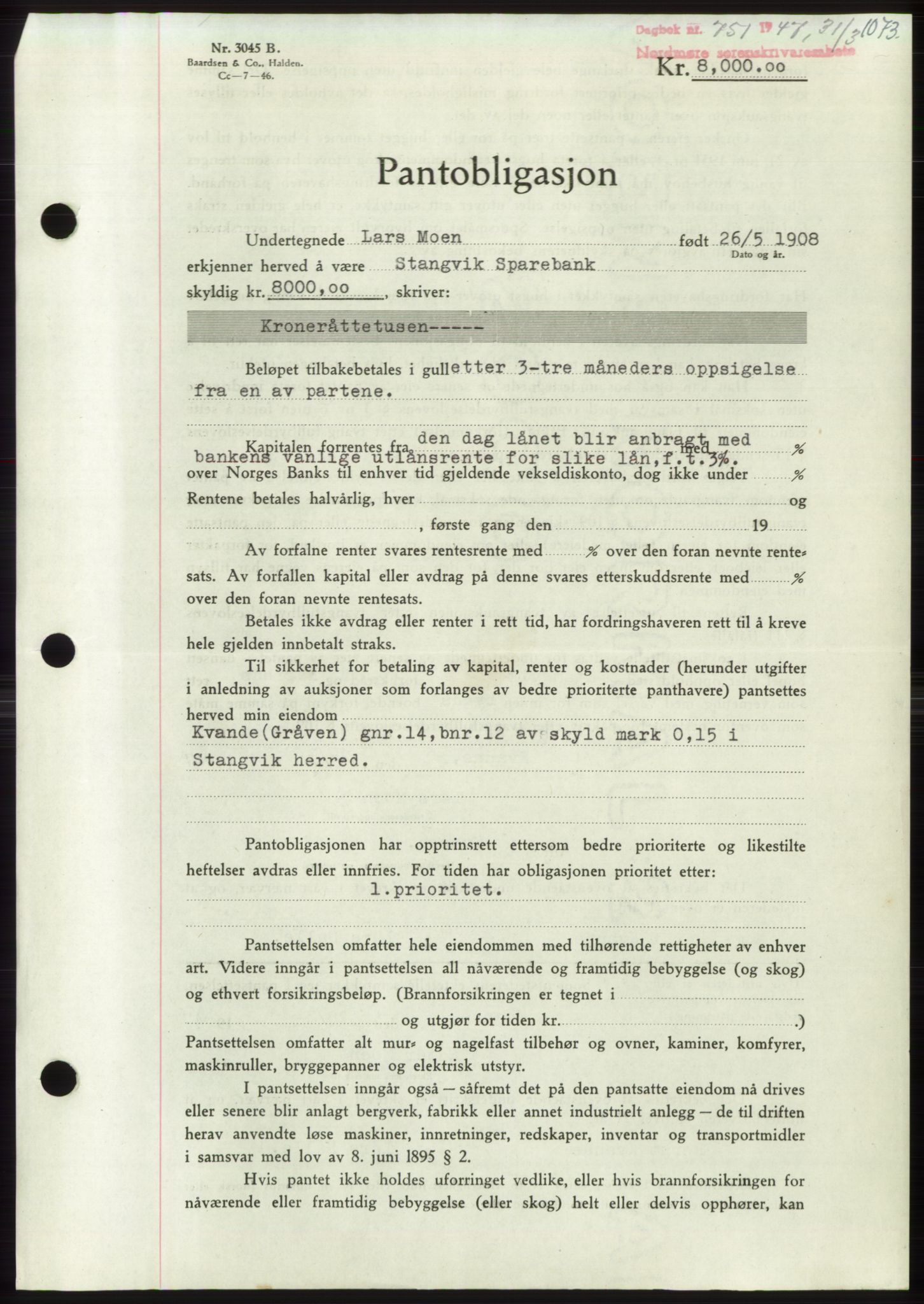 Nordmøre sorenskriveri, SAT/A-4132/1/2/2Ca: Pantebok nr. B95, 1946-1947, Dagboknr: 751/1947