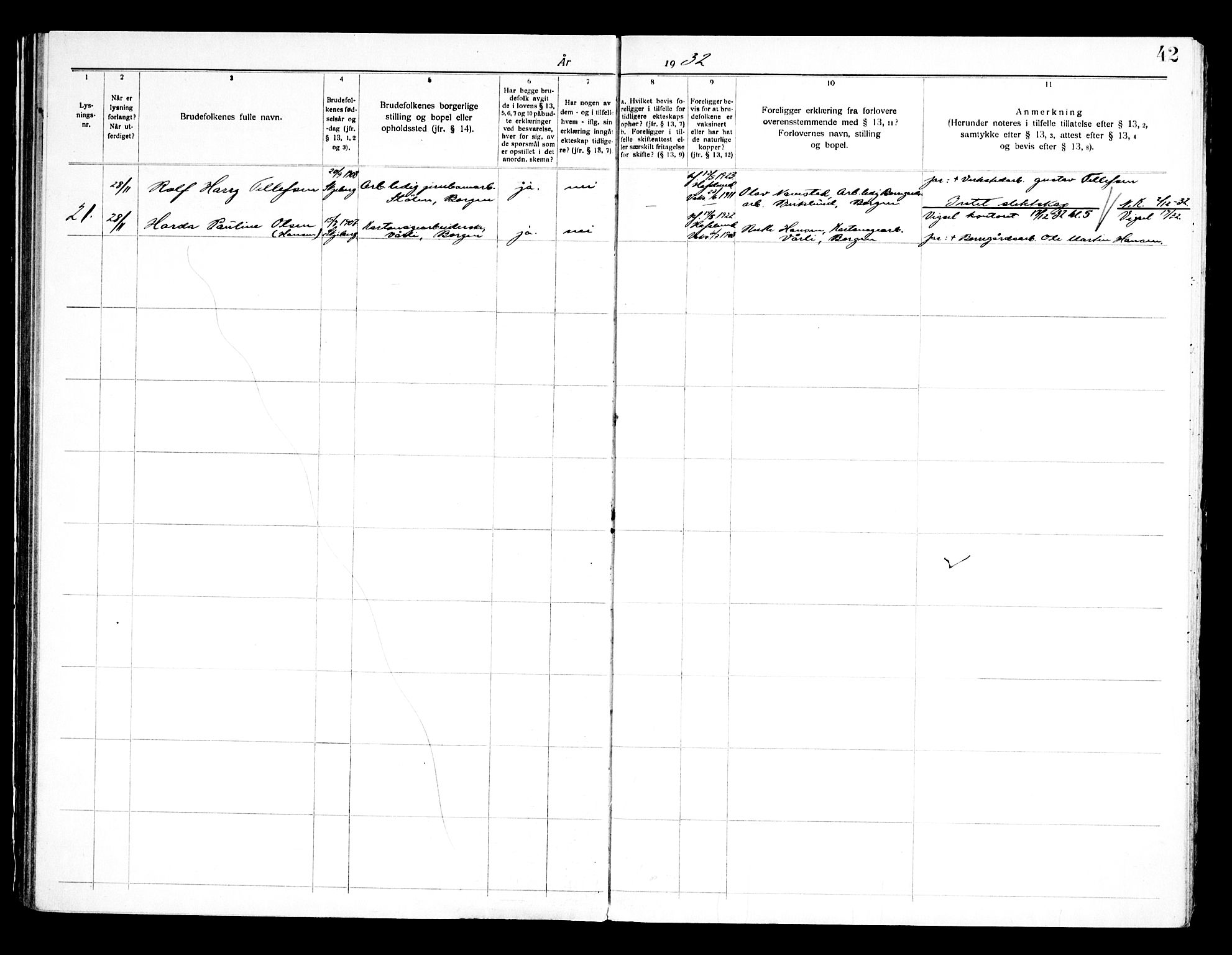 Skjeberg prestekontor Kirkebøker, SAO/A-10923/H/Hc/L0001: Lysningsprotokoll nr. III 1, 1919-1949, s. 42