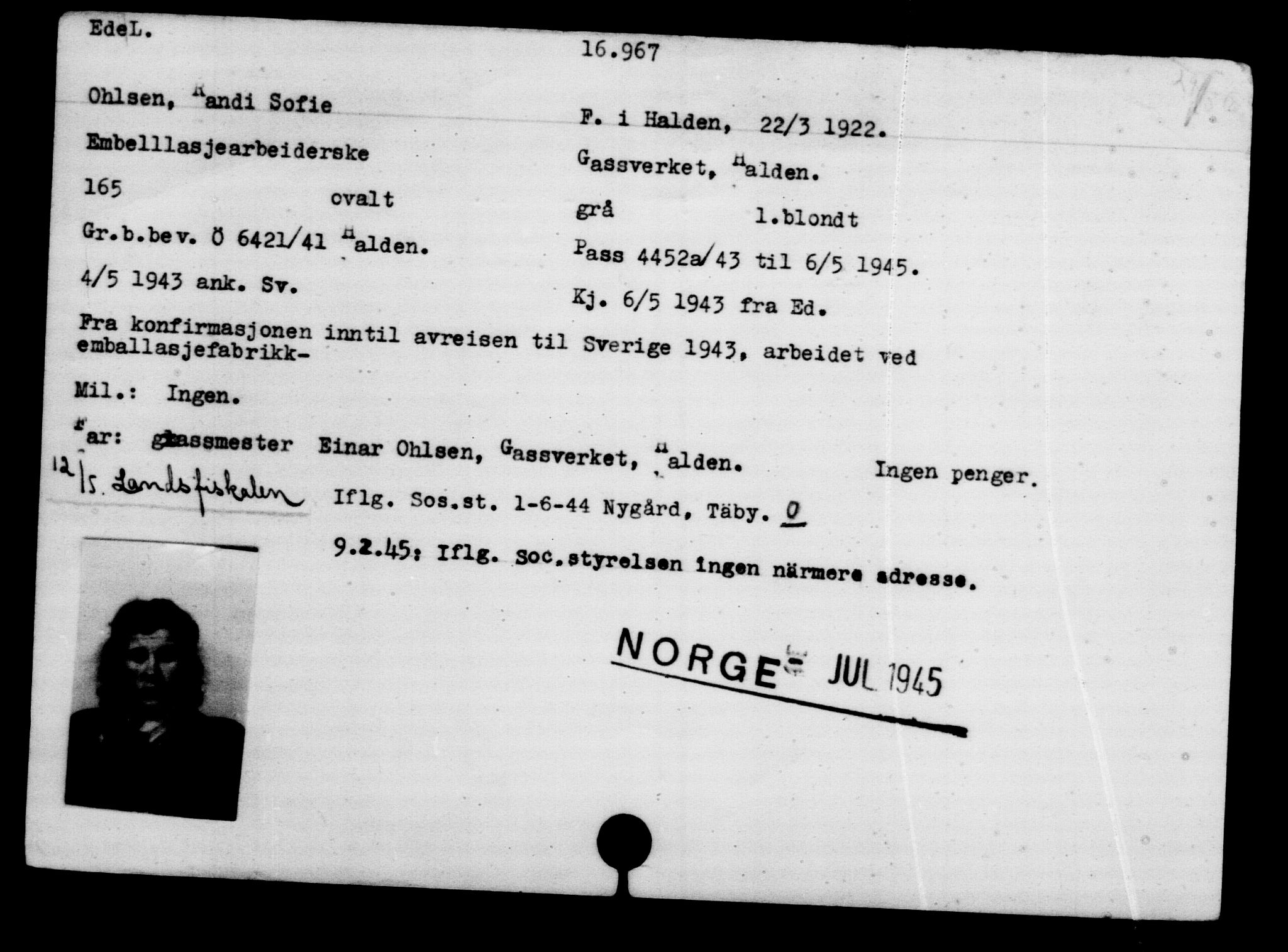 Utenriksstasjonene, Legasjonen i Stockholm, Flyktningkontoret, AV/RA-S-6753/V/Va/L0008: Kjesäterkartoteket, flyktninger med registreringsnr. 15700-18547, 1940-1945, s. 1386