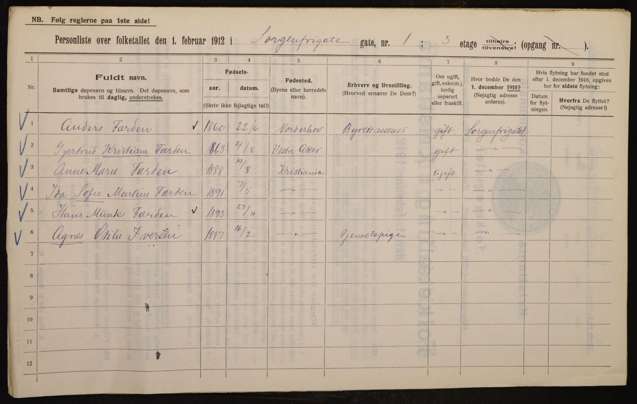 OBA, Kommunal folketelling 1.2.1912 for Kristiania, 1912, s. 100083