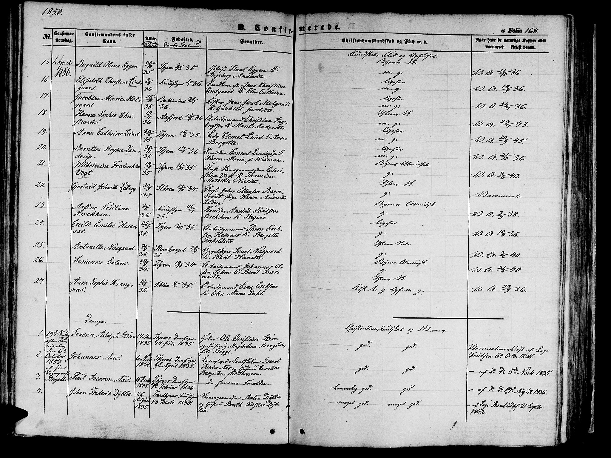 Ministerialprotokoller, klokkerbøker og fødselsregistre - Sør-Trøndelag, SAT/A-1456/602/L0137: Klokkerbok nr. 602C05, 1846-1856, s. 168