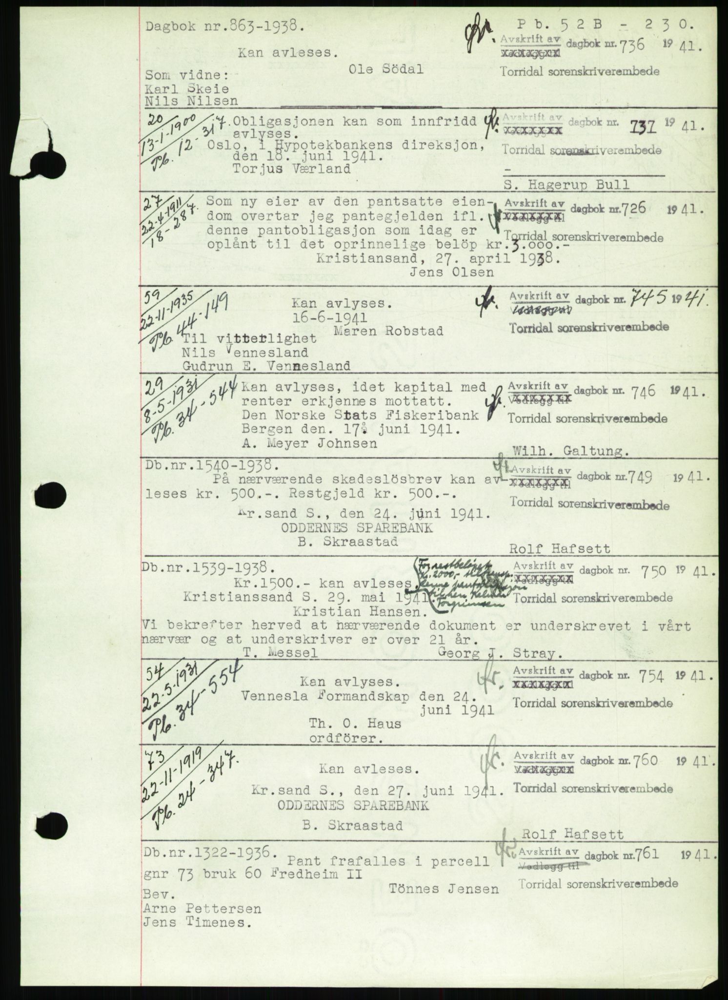 Torridal sorenskriveri, SAK/1221-0012/G/Gb/Gbb/L0008: Pantebok nr. 52b, 1940-1942, Dagboknr: 736/1941