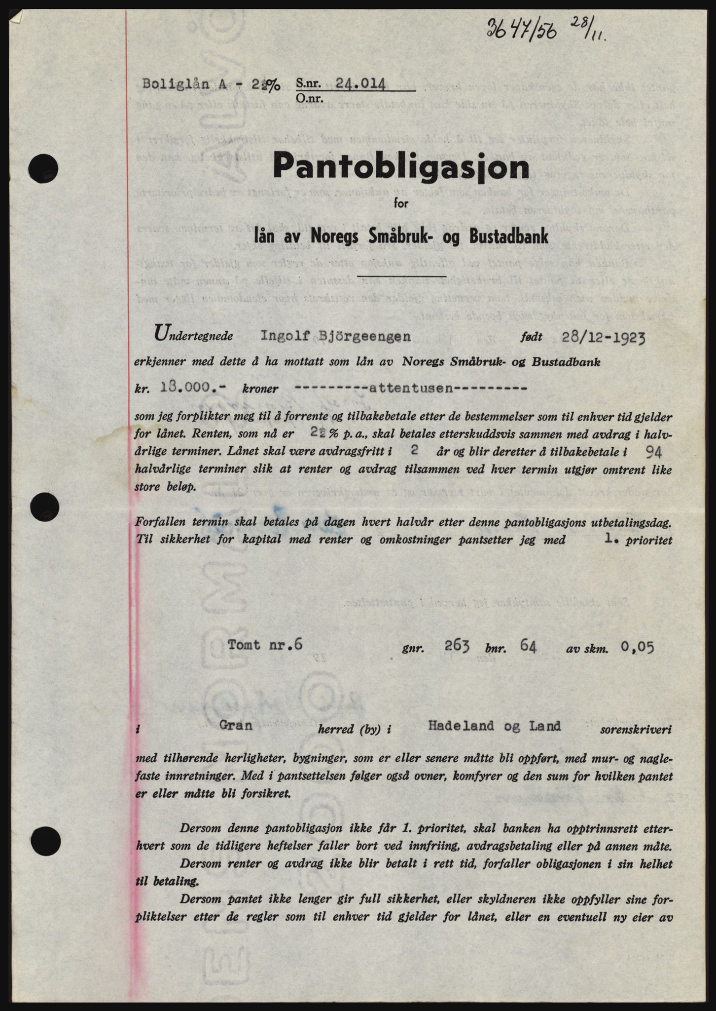 Hadeland og Land tingrett, SAH/TING-010/H/Hb/Hbc/L0035: Pantebok nr. B35, 1956-1957, Dagboknr: 3647/1956
