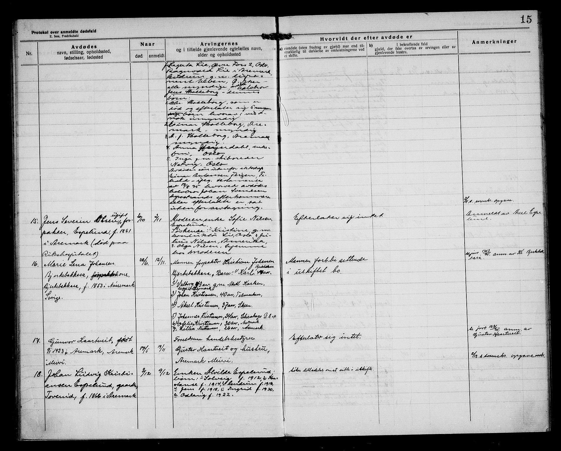 Aremark lensmannskontor, AV/SAO-A-10631/H/Ha/L0004: Dødsfallsprotokoll, 1922-1933, s. 15