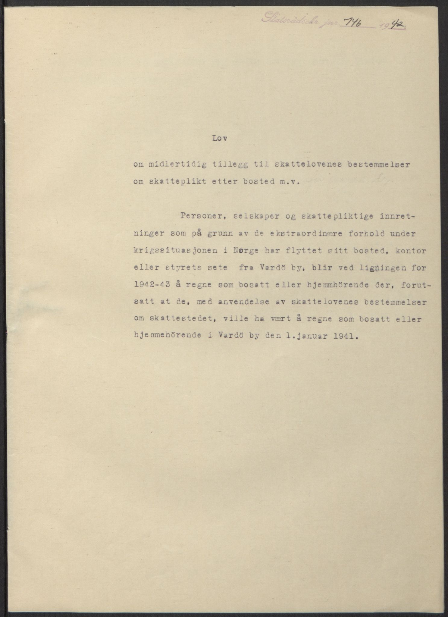 NS-administrasjonen 1940-1945 (Statsrådsekretariatet, de kommisariske statsråder mm), RA/S-4279/D/Db/L0098: Lover II, 1942, s. 518