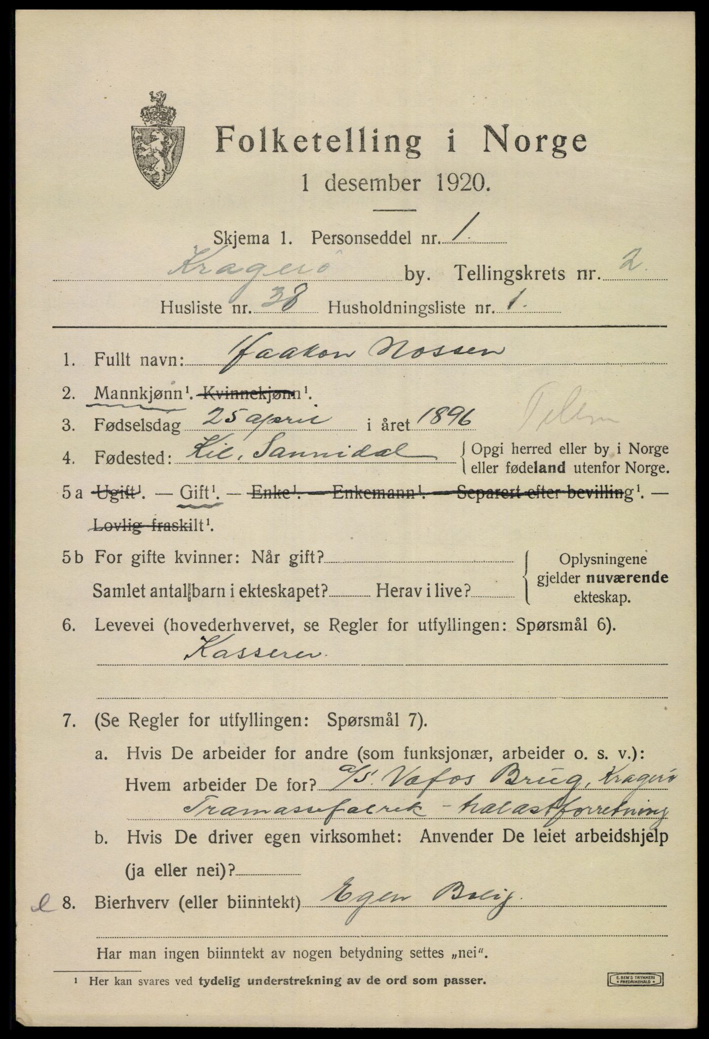 SAKO, Folketelling 1920 for 0801 Kragerø kjøpstad, 1920, s. 5805