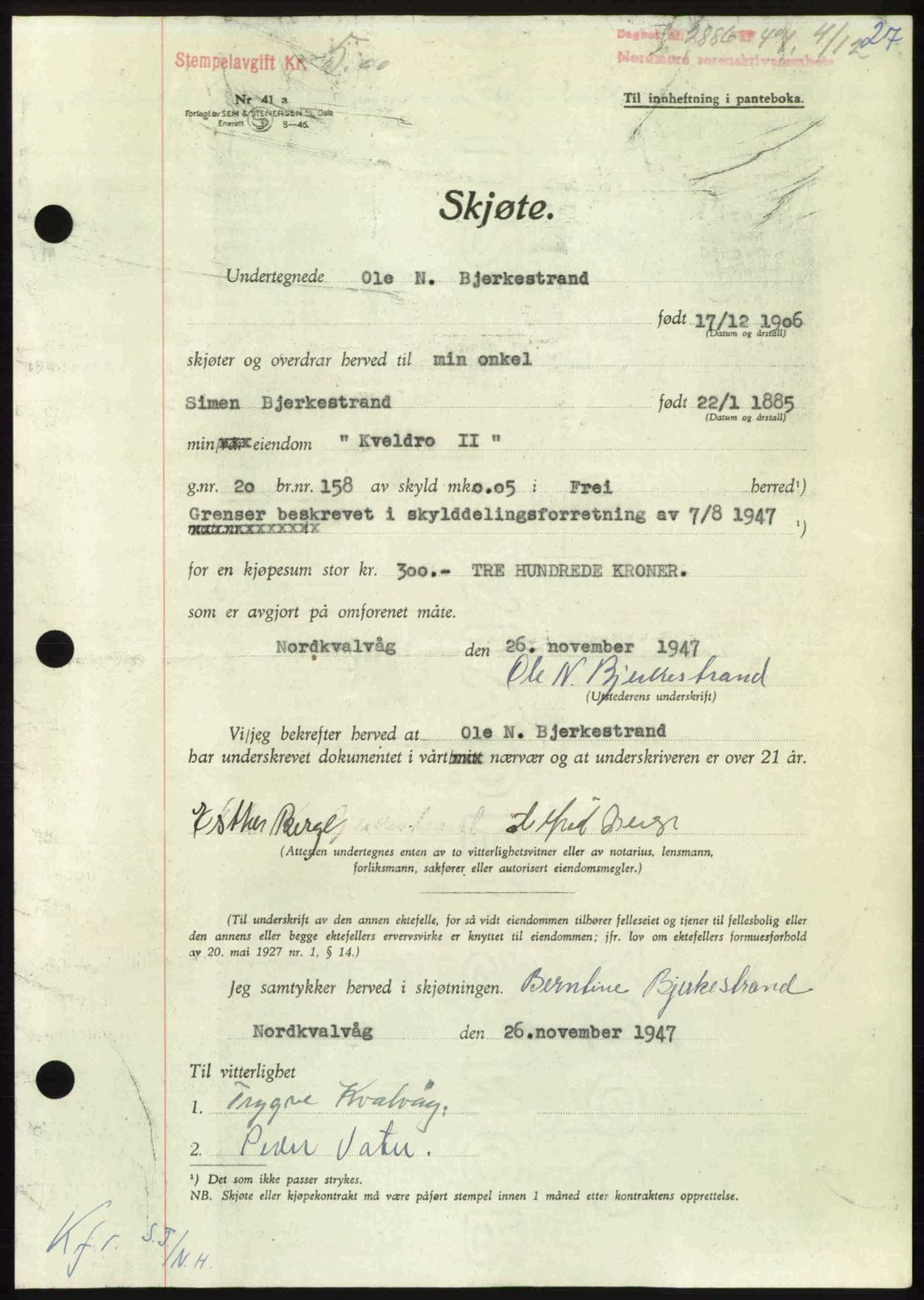 Nordmøre sorenskriveri, AV/SAT-A-4132/1/2/2Ca: Pantebok nr. A107, 1947-1948, Dagboknr: 2886/1947