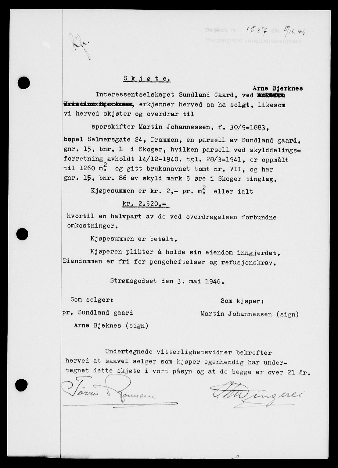 Holmestrand sorenskriveri, SAKO/A-67/G/Ga/Gaa/L0061: Pantebok nr. A-61, 1946-1947, Dagboknr: 1587/1946