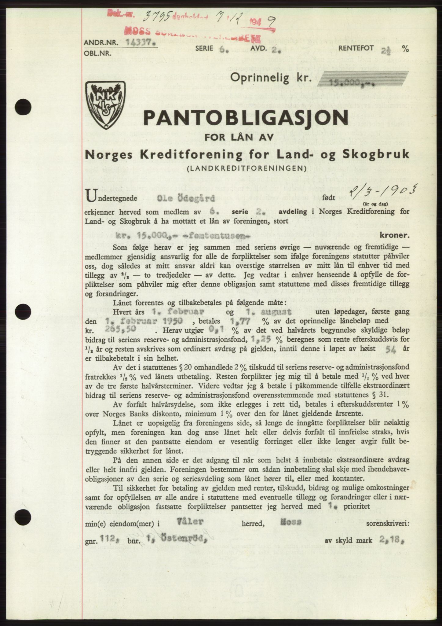 Moss sorenskriveri, SAO/A-10168: Pantebok nr. B23, 1949-1950, Dagboknr: 3795/1949
