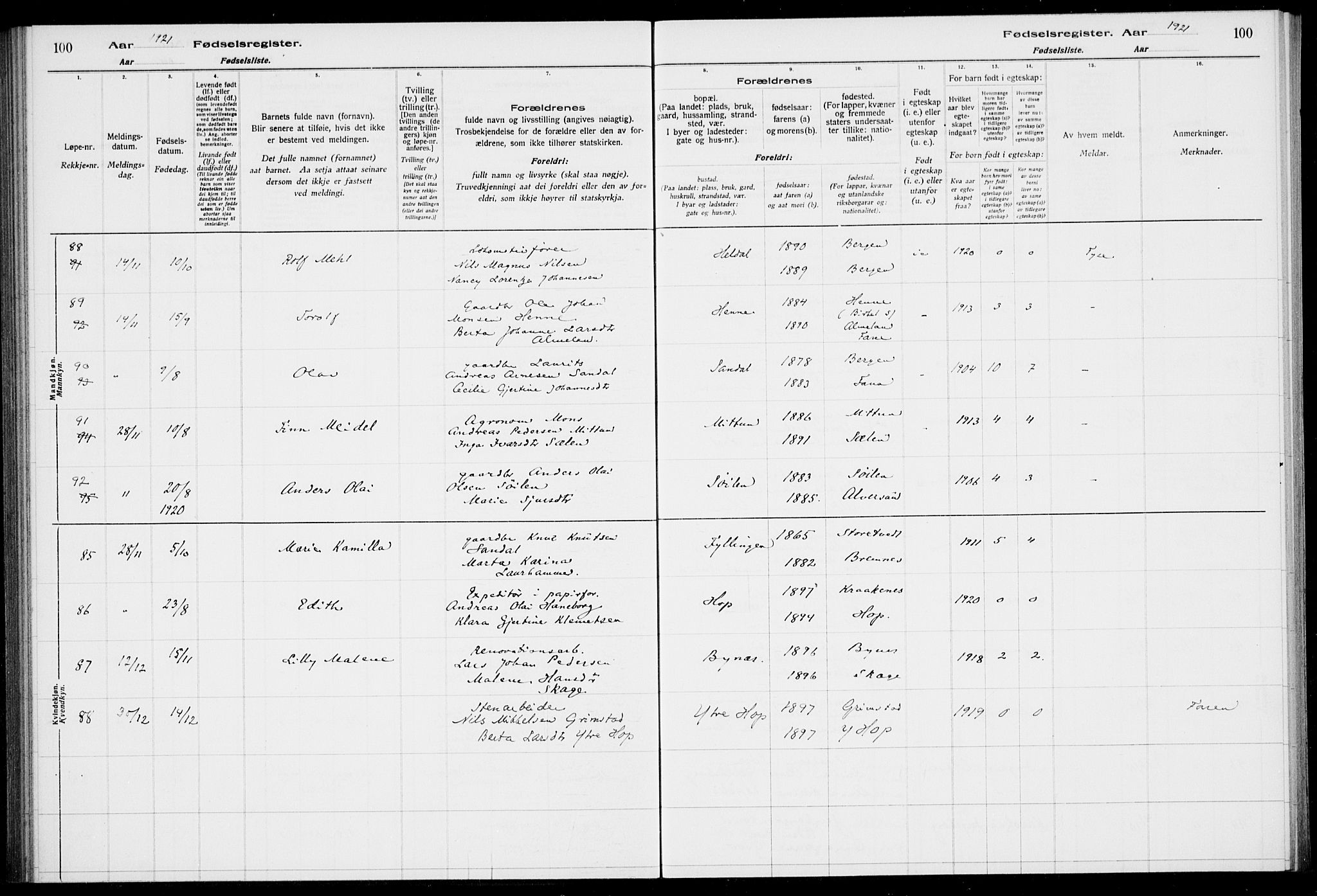 Birkeland Sokneprestembete, SAB/A-74601/I/Id/L00A1: Fødselsregister nr. A 1, 1916-1926, s. 100
