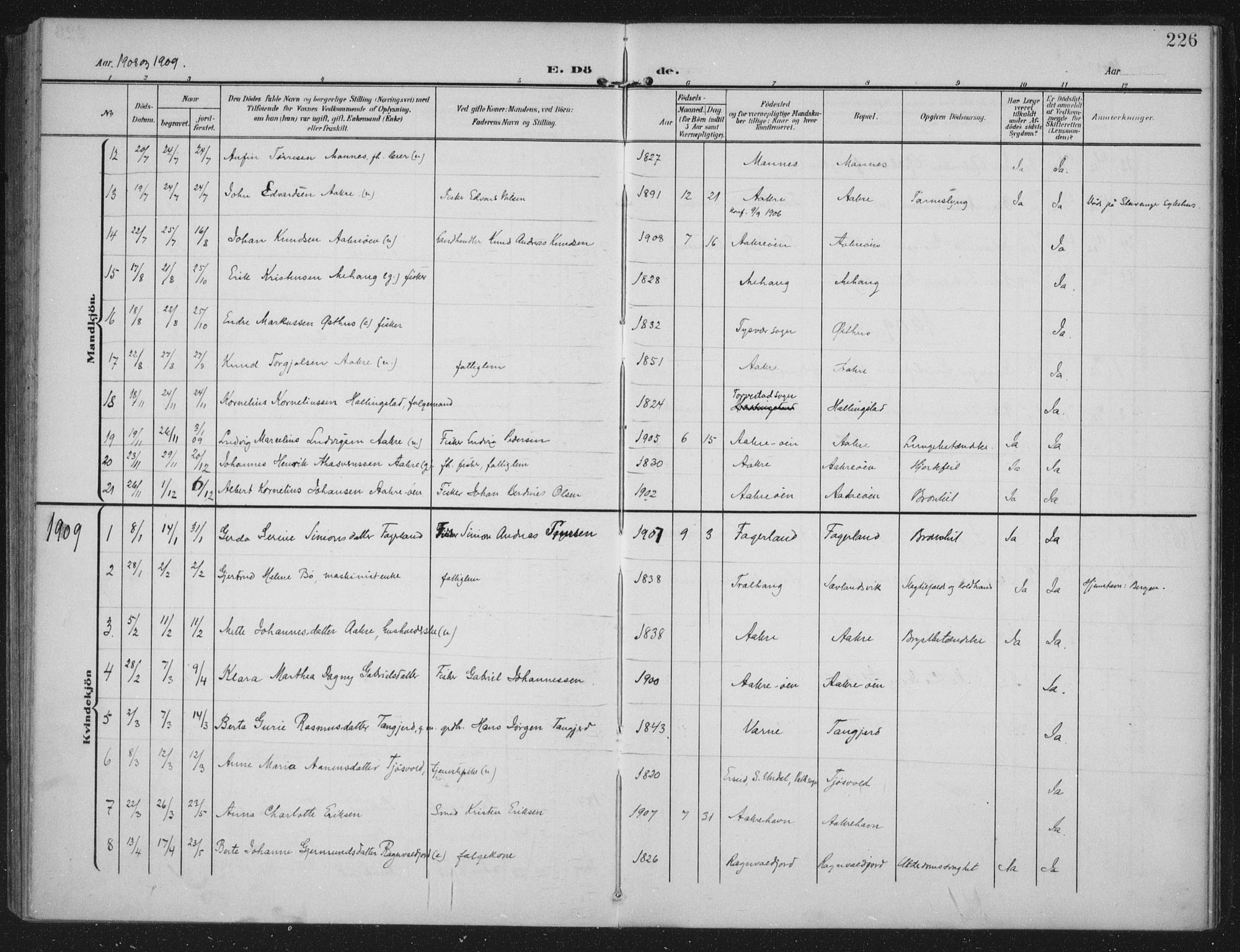 Kopervik sokneprestkontor, AV/SAST-A-101850/H/Ha/Haa/L0005: Ministerialbok nr. A 5, 1906-1924, s. 226