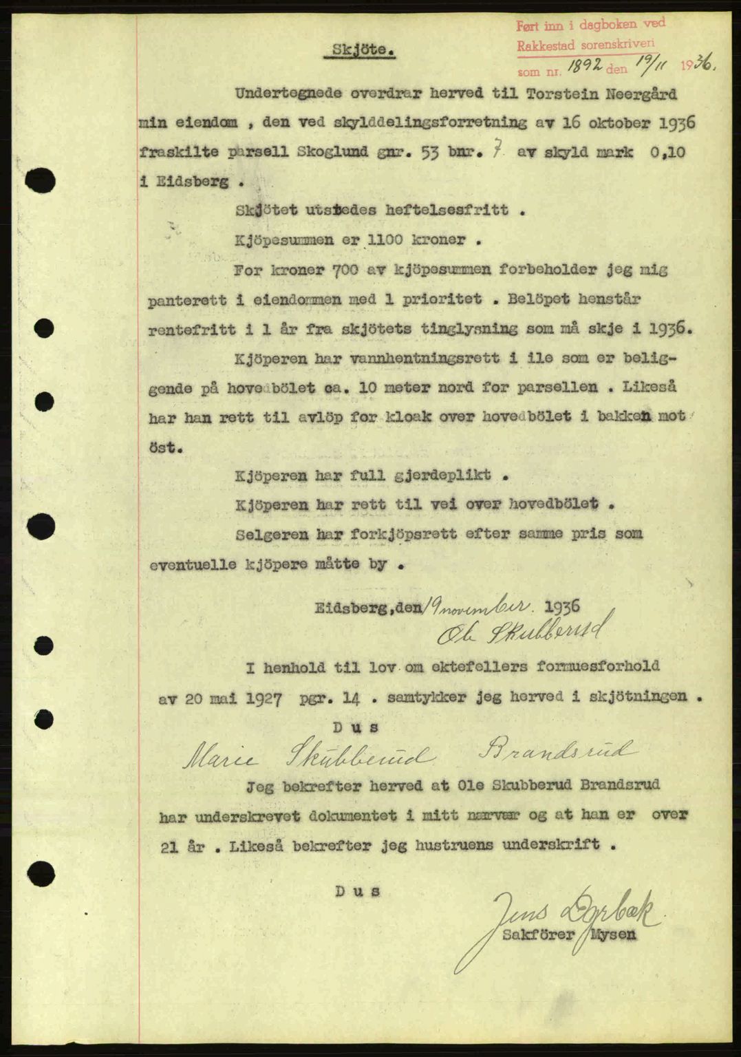 Rakkestad sorenskriveri, SAO/A-10686/G/Gb/Gba/Gbab/L0001: Pantebok nr. A1, 1936-1937, Dagboknr: 1892/1936