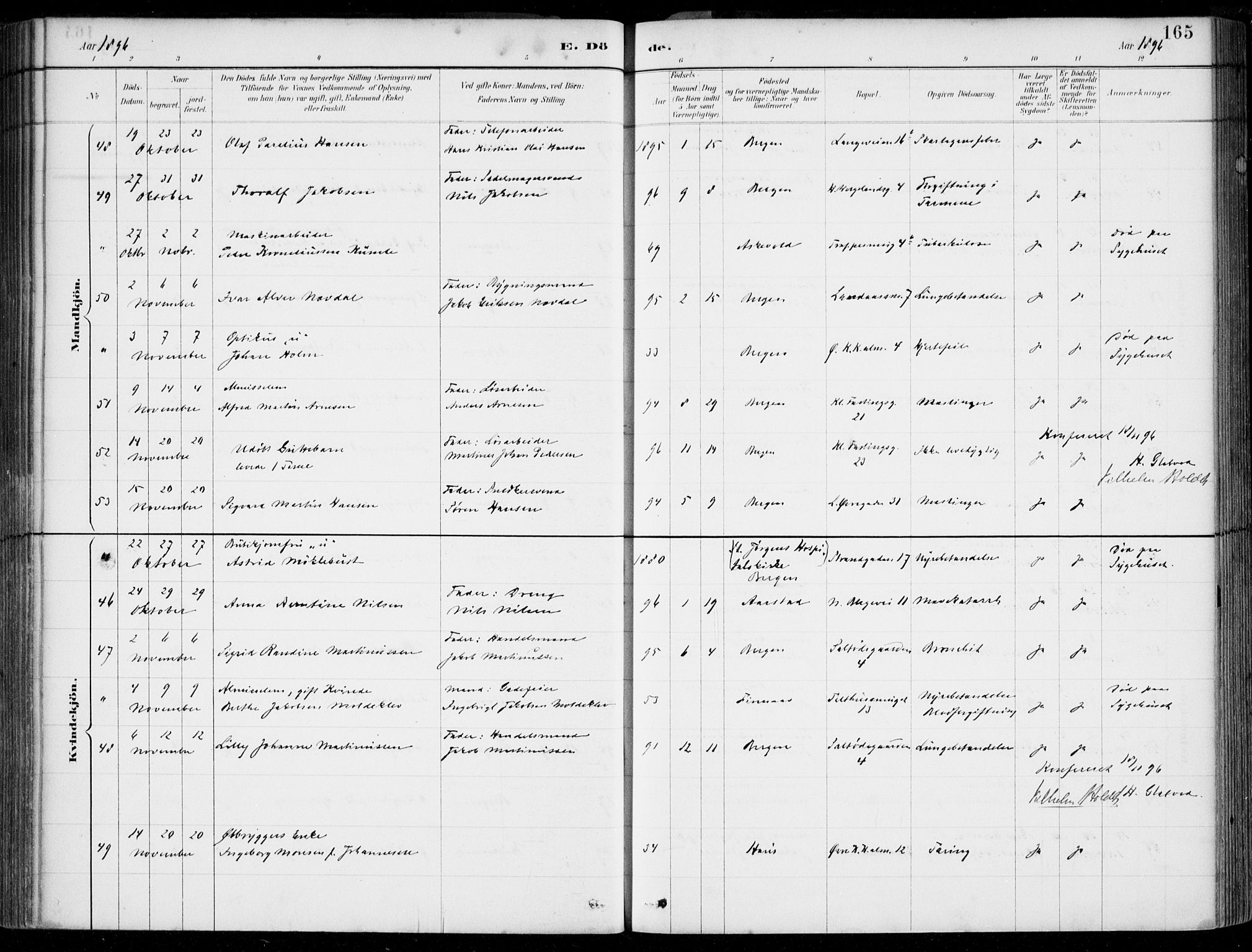 Korskirken sokneprestembete, SAB/A-76101/H/Hab: Klokkerbok nr. E 4, 1884-1910, s. 165