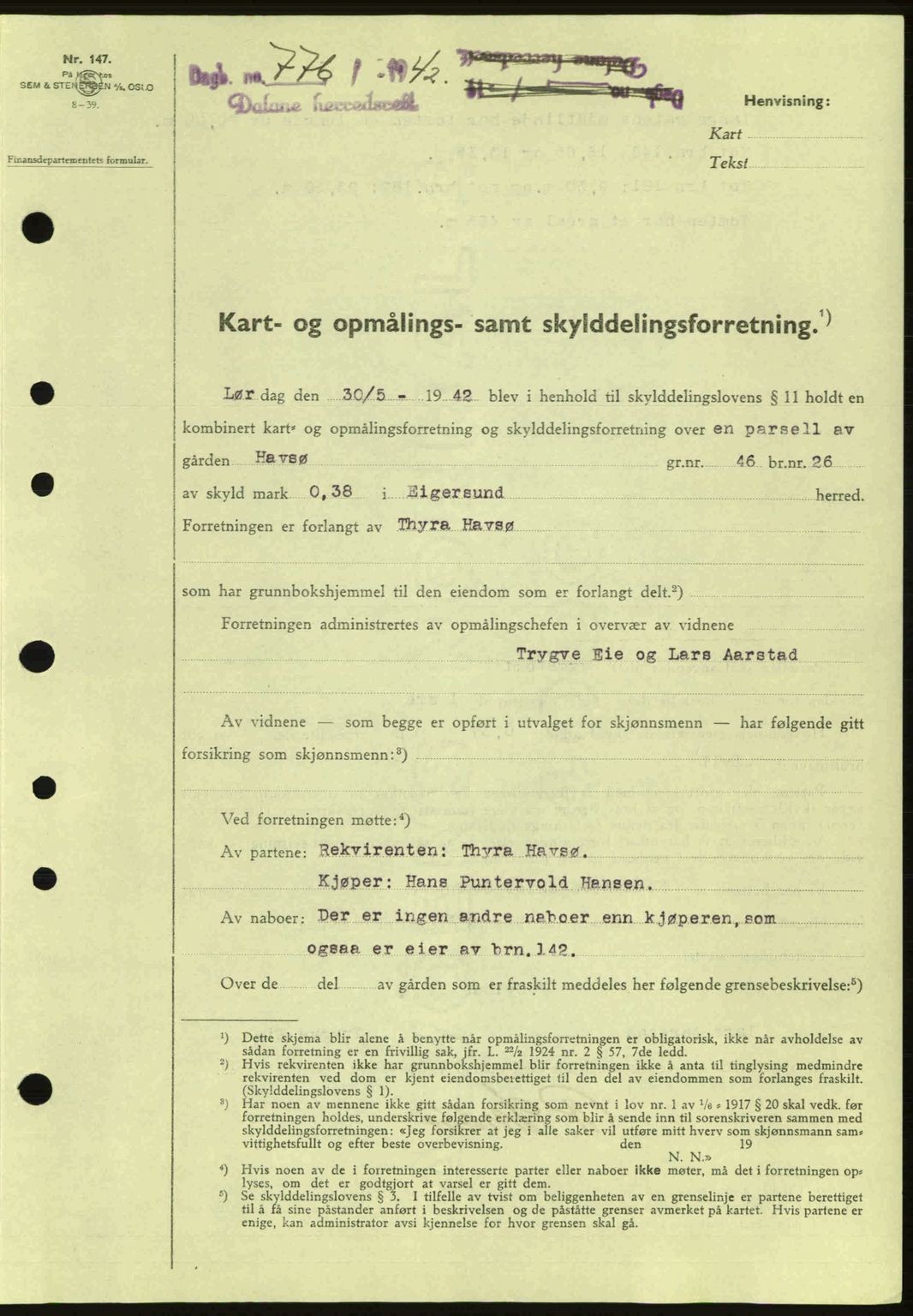 Dalane sorenskriveri, SAST/A-100309/02/G/Gb/L0045: Pantebok nr. A6, 1941-1942, Dagboknr: 776/1942