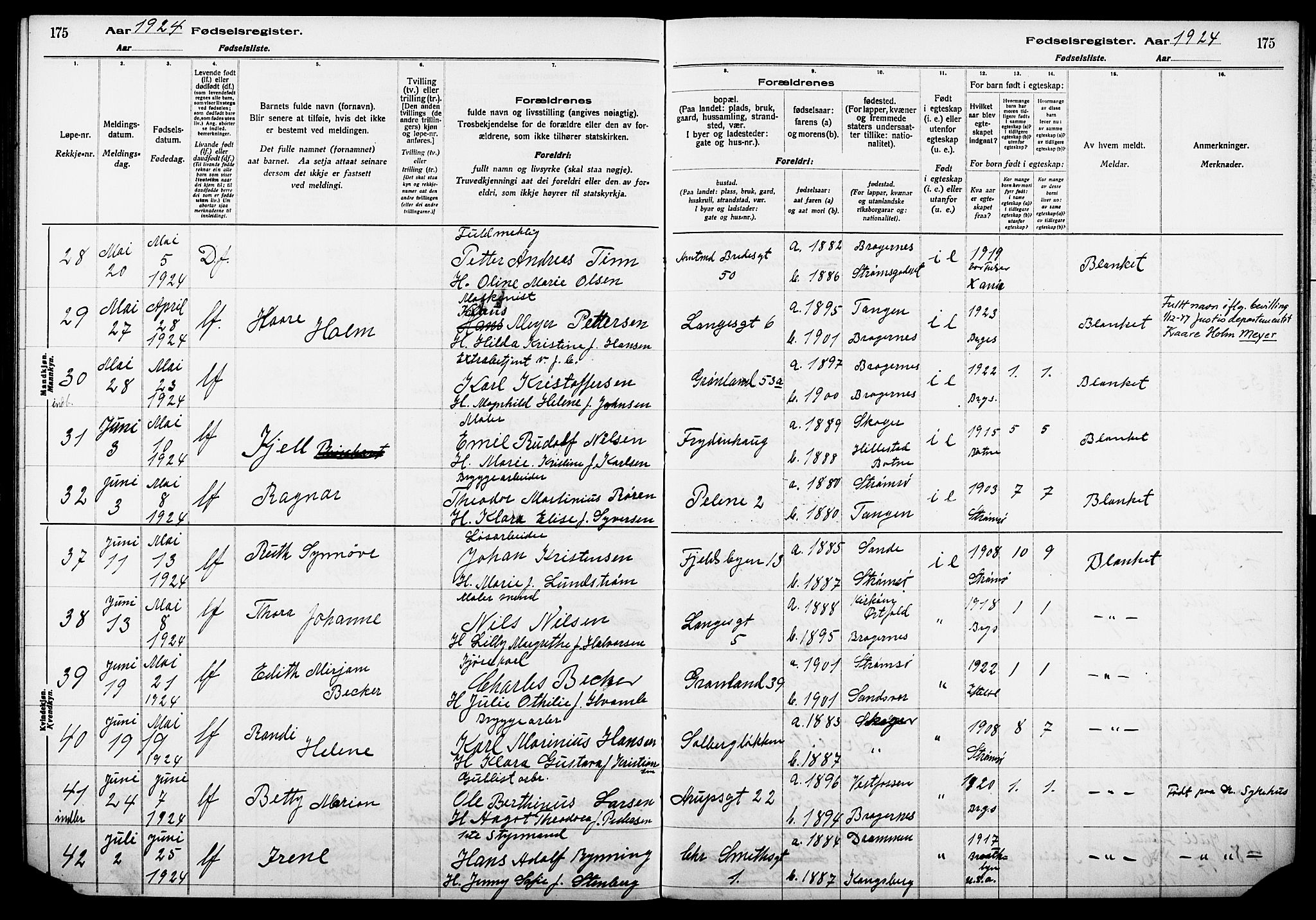 Strømsø kirkebøker, AV/SAKO-A-246/J/Ja/L0001: Fødselsregister nr. I 1, 1916-1925, s. 175