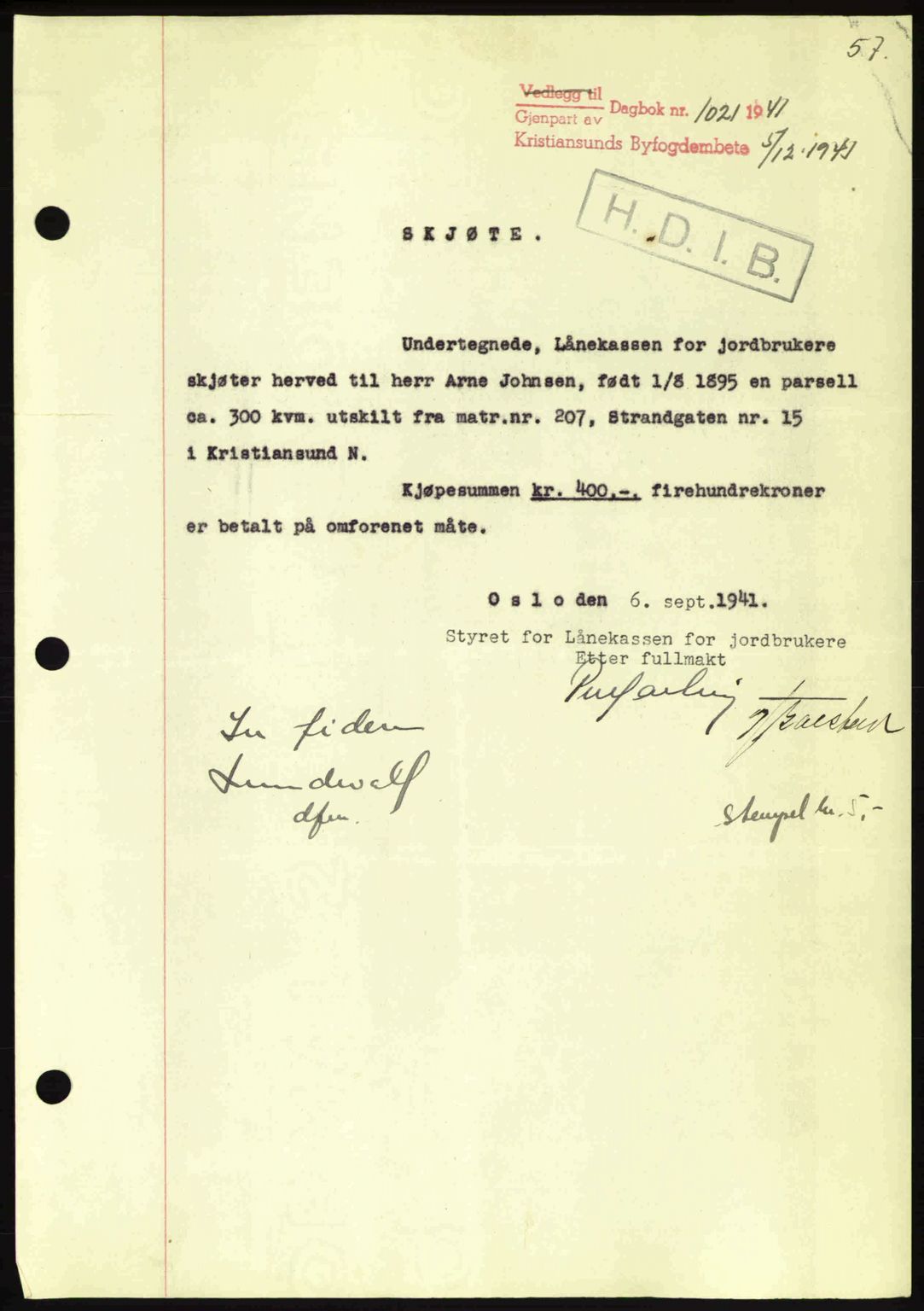 Kristiansund byfogd, AV/SAT-A-4587/A/27: Pantebok nr. 34, 1941-1945, Dagboknr: 1021/1941
