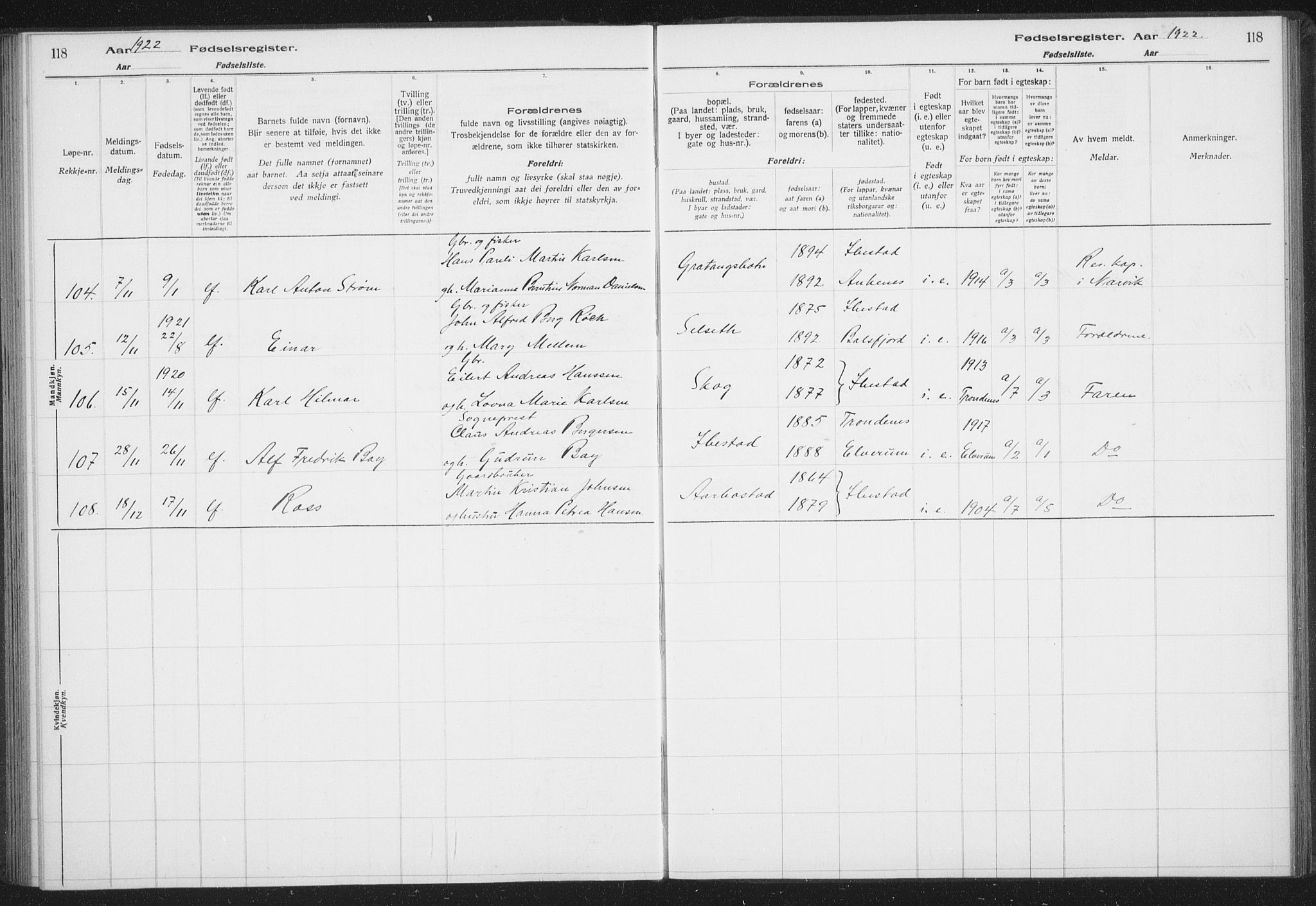 Ibestad sokneprestembete, AV/SATØ-S-0077/I/Ic/L0061: Fødselsregister nr. 61, 1917-1929, s. 118