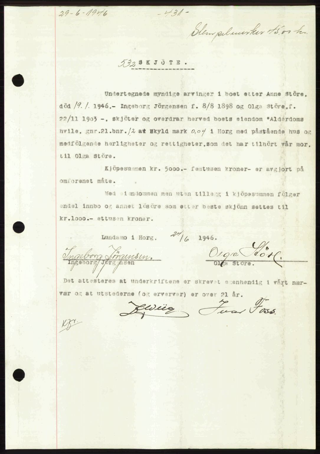 Gauldal sorenskriveri, SAT/A-0014/1/2/2C: Pantebok nr. A2, 1946-1946, Dagboknr: 532/1946