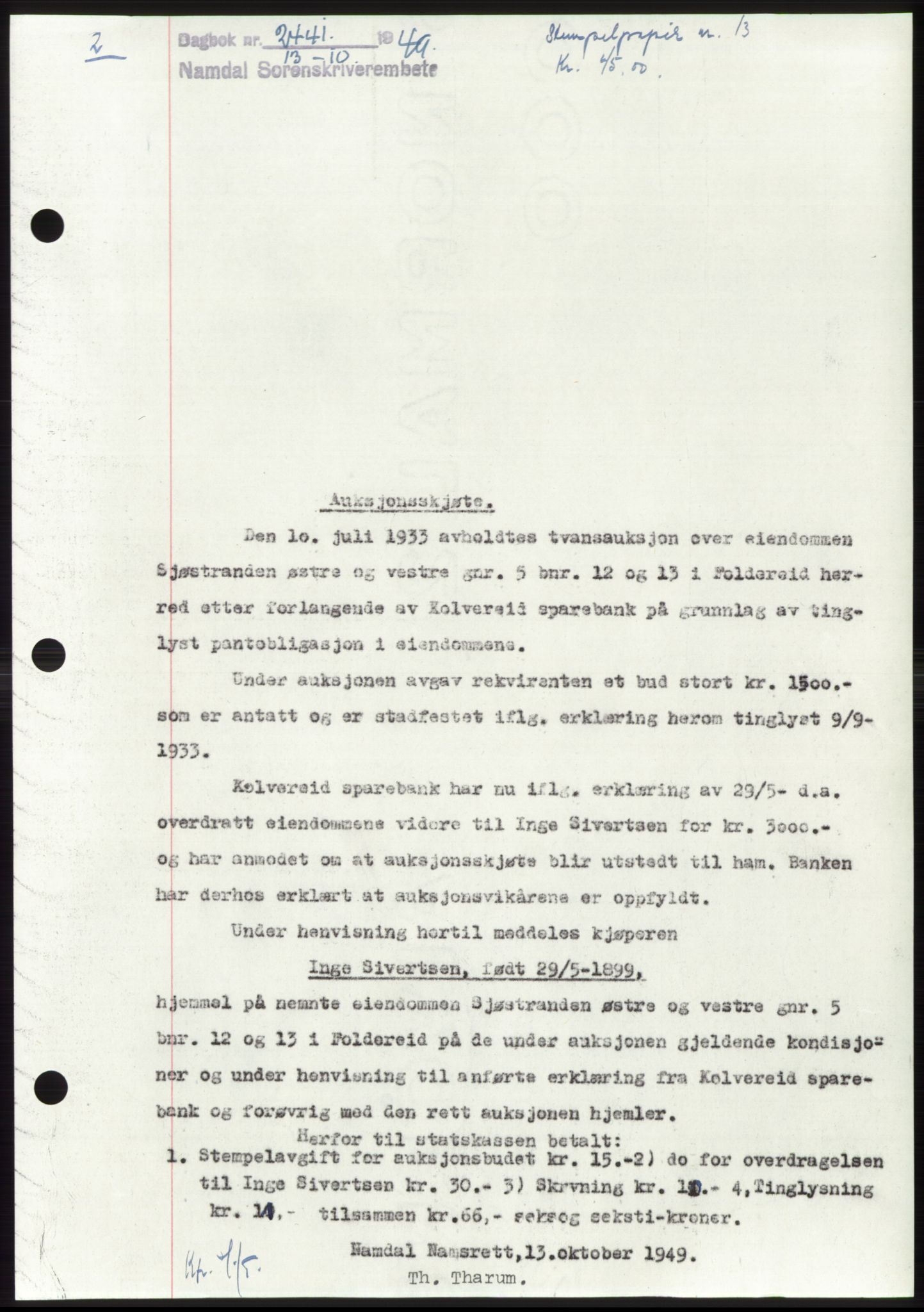 Namdal sorenskriveri, SAT/A-4133/1/2/2C: Pantebok nr. -, 1949-1949, Dagboknr: 2441/1949