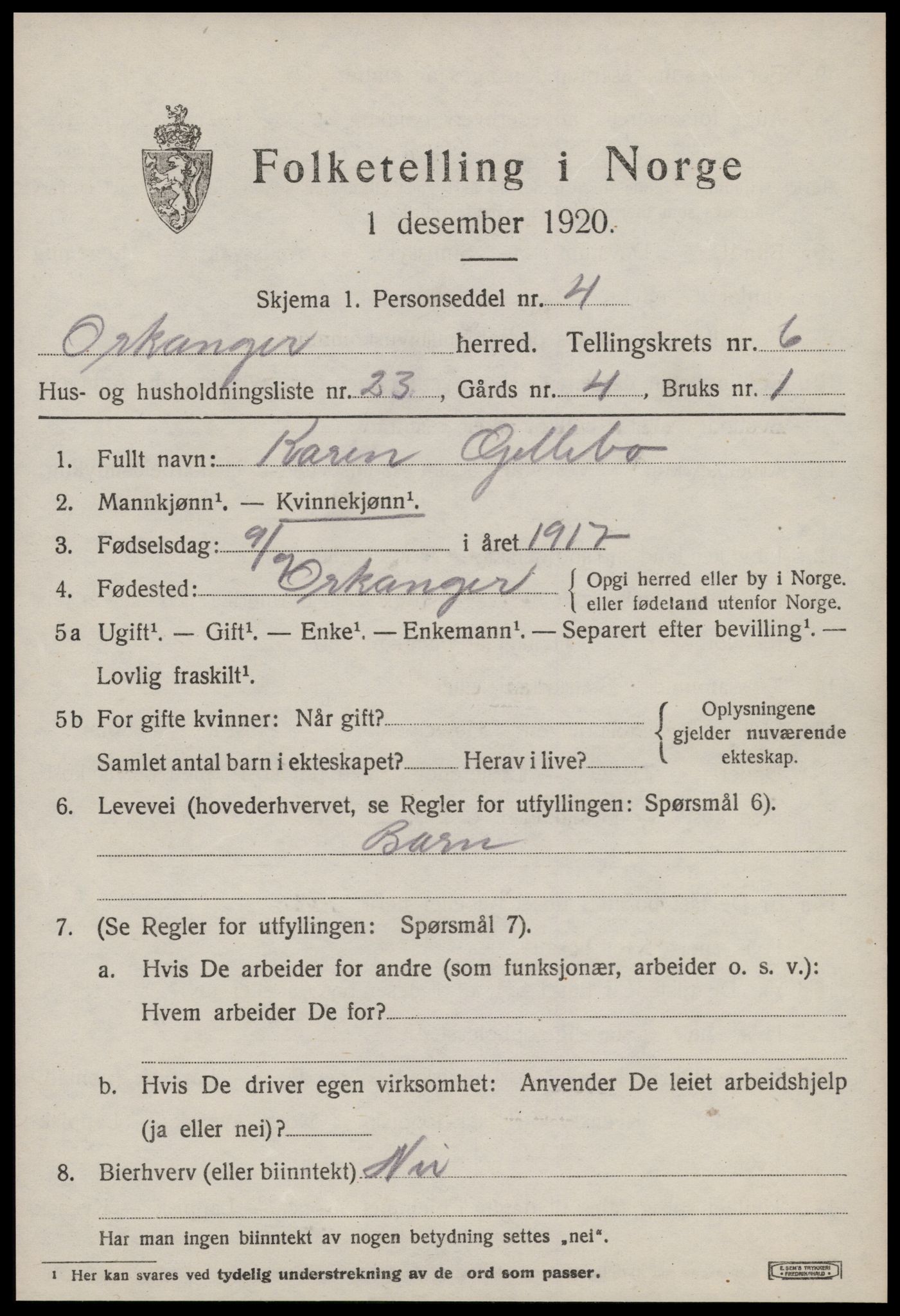SAT, Folketelling 1920 for 1639 Orkanger herred, 1920, s. 3381