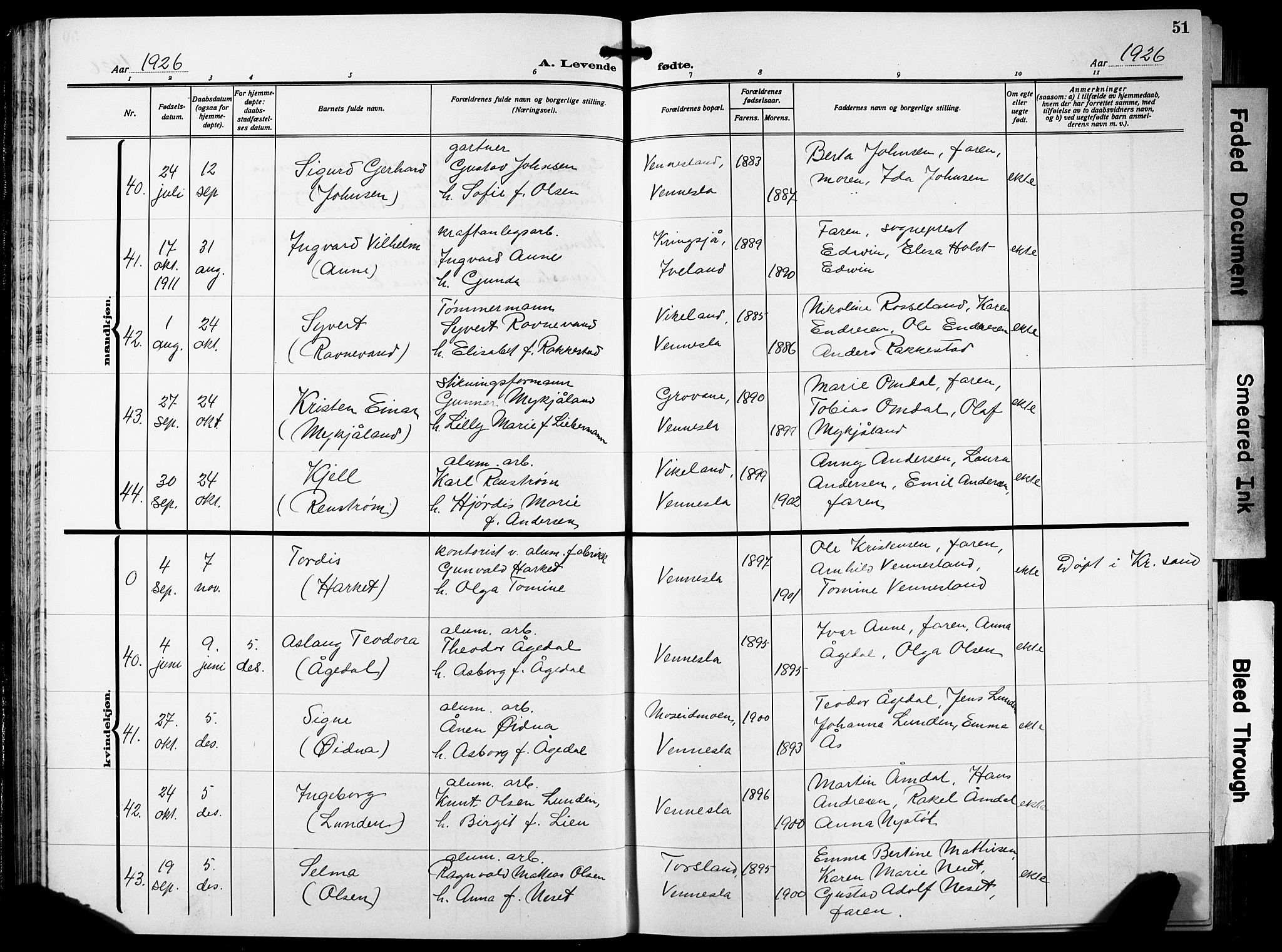 Vennesla sokneprestkontor, AV/SAK-1111-0045/Fb/Fbb/L0007: Klokkerbok nr. B 7, 1922-1933, s. 51