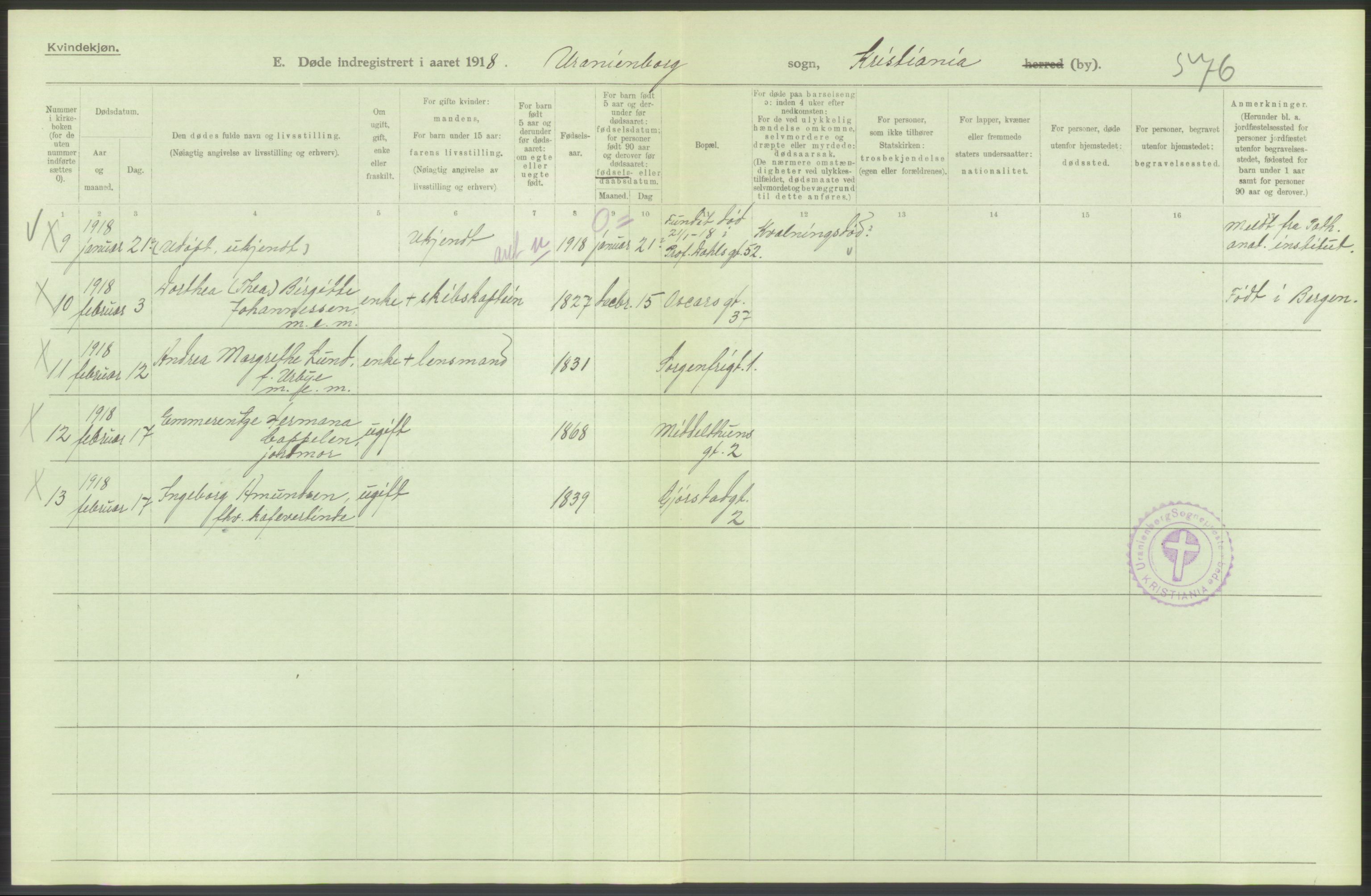 Statistisk sentralbyrå, Sosiodemografiske emner, Befolkning, AV/RA-S-2228/D/Df/Dfb/Dfbh/L0010: Kristiania: Døde, 1918, s. 214