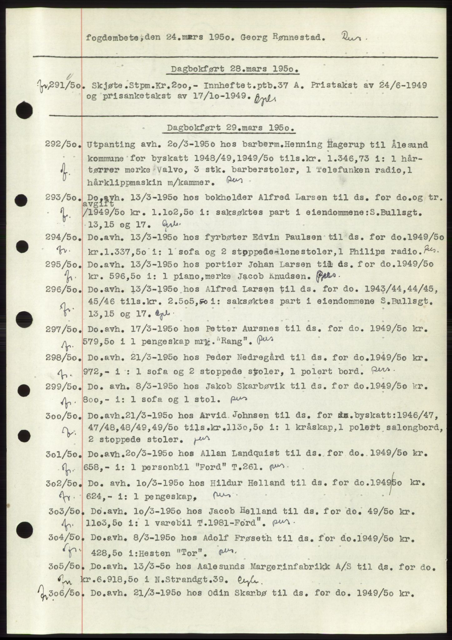 Ålesund byfogd, AV/SAT-A-4384: Pantebok nr. C34-35, 1946-1950, Dagboknr: 291/1950
