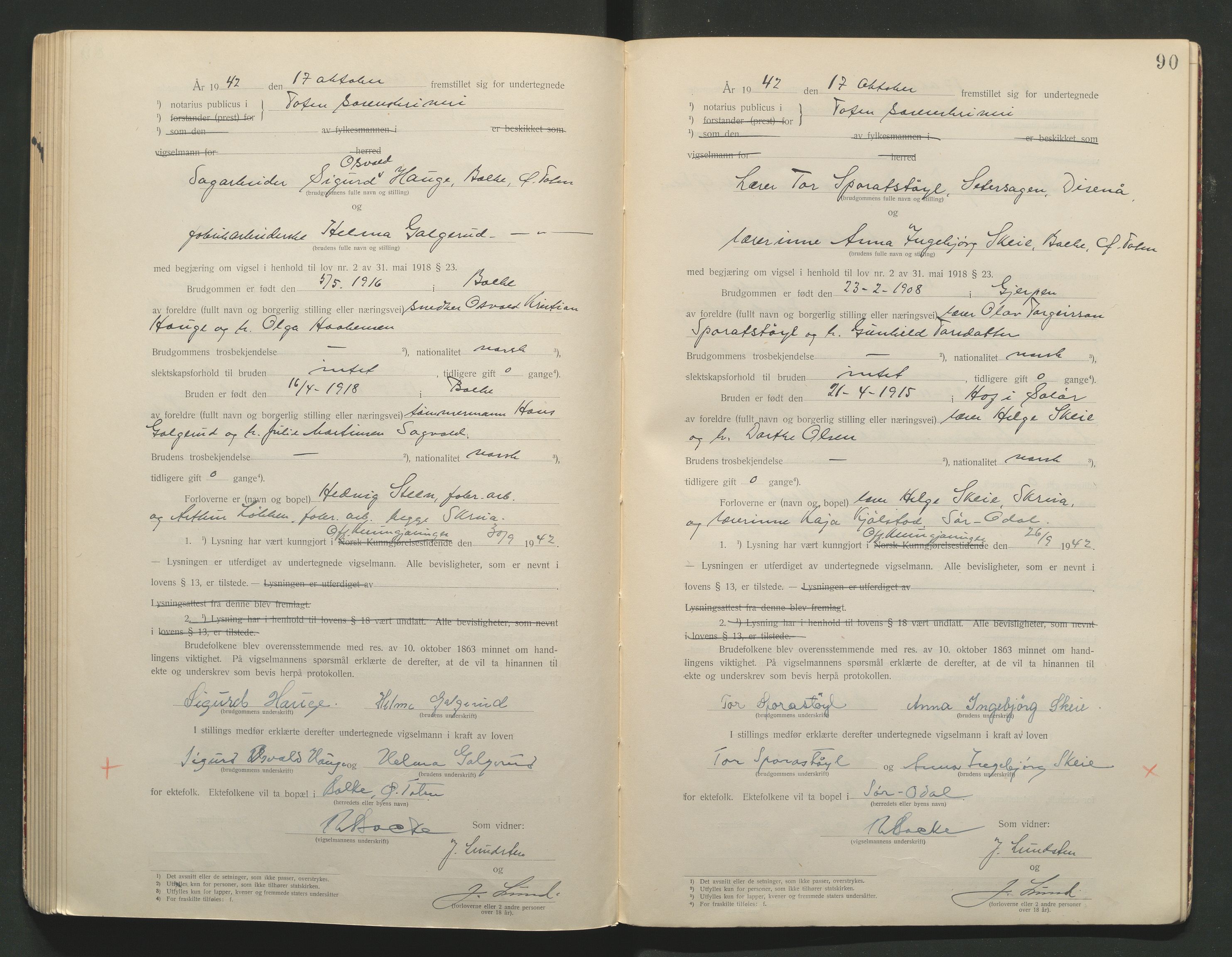 Toten tingrett, AV/SAH-TING-006/L/Lc/L0001: Vigselbok, 1920-1942, s. 90