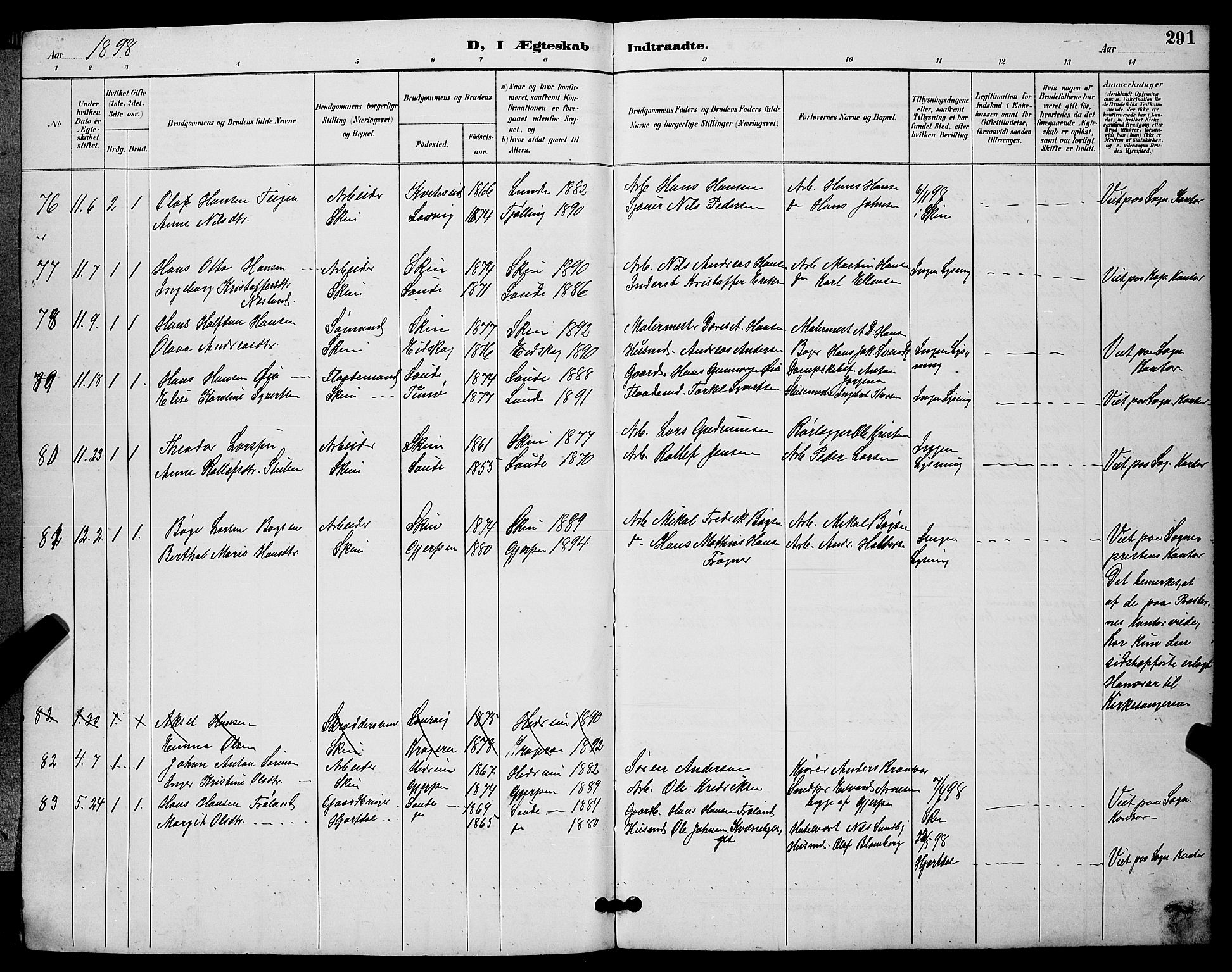 Skien kirkebøker, AV/SAKO-A-302/G/Ga/L0007: Klokkerbok nr. 7, 1891-1900, s. 291