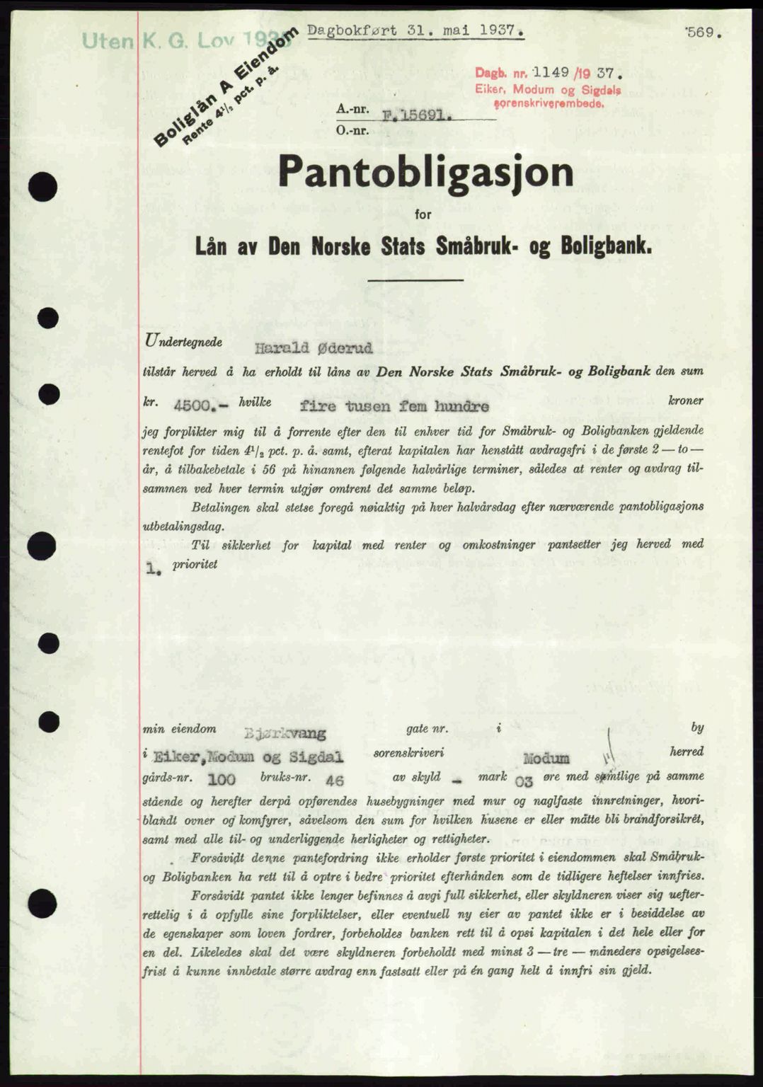 Eiker, Modum og Sigdal sorenskriveri, SAKO/A-123/G/Ga/Gab/L0035: Pantebok nr. A5, 1937-1937, Dagboknr: 1149/1937