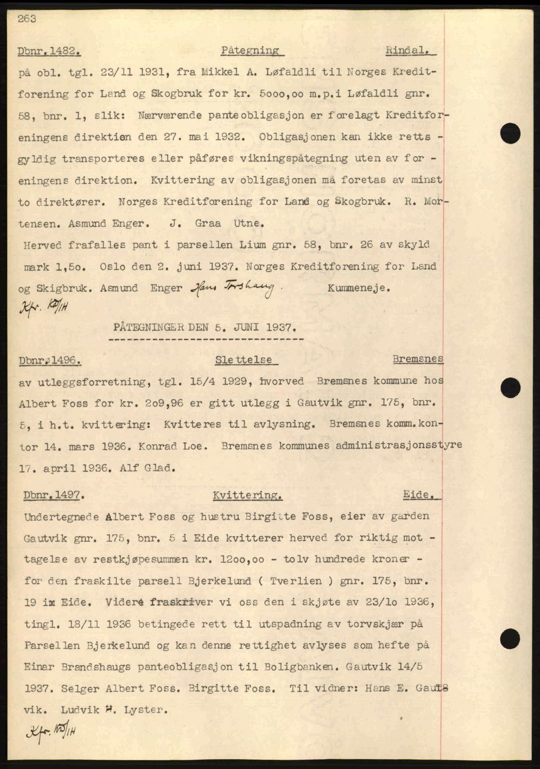 Nordmøre sorenskriveri, SAT/A-4132/1/2/2Ca: Pantebok nr. C80, 1936-1939, Dagboknr: 1482/1937